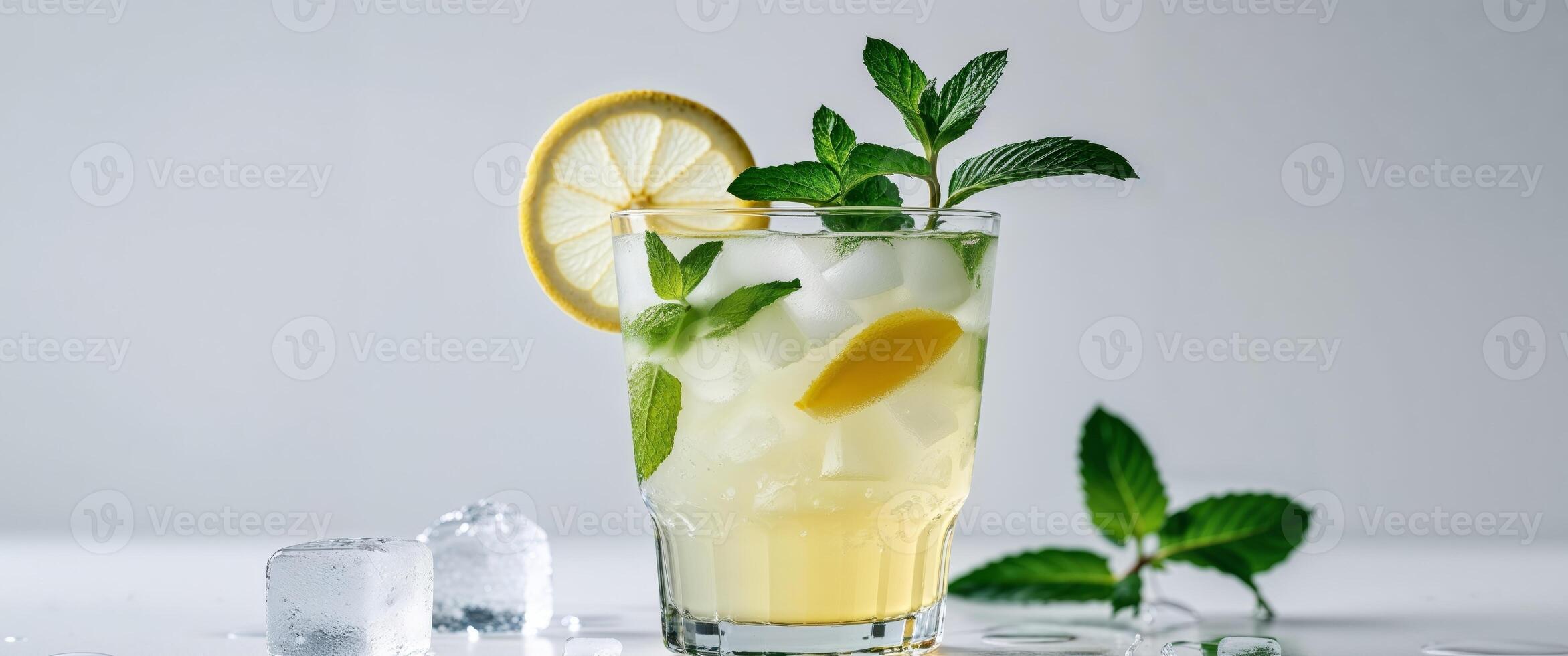 A glass of lemonade with ice and mint leaves photo