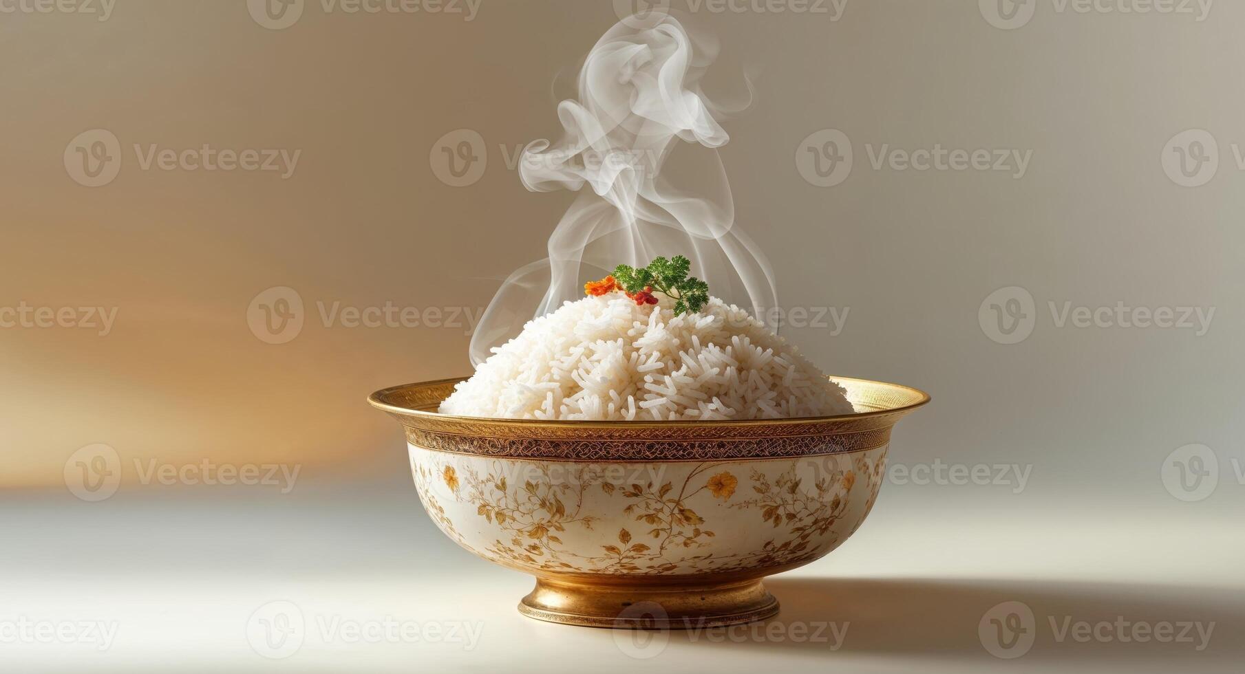 A bowl of rice with steam coming out of it photo