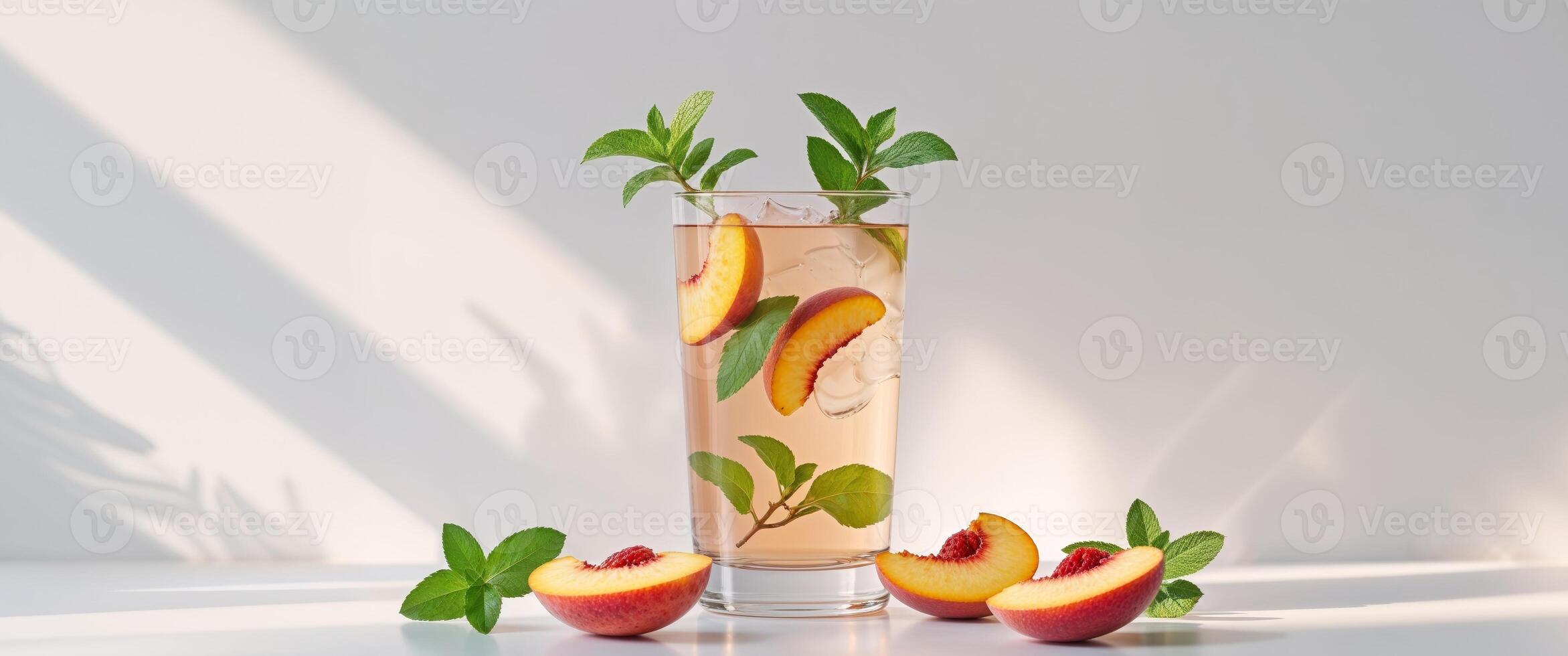 A glass of peach tea with a slice of peach photo