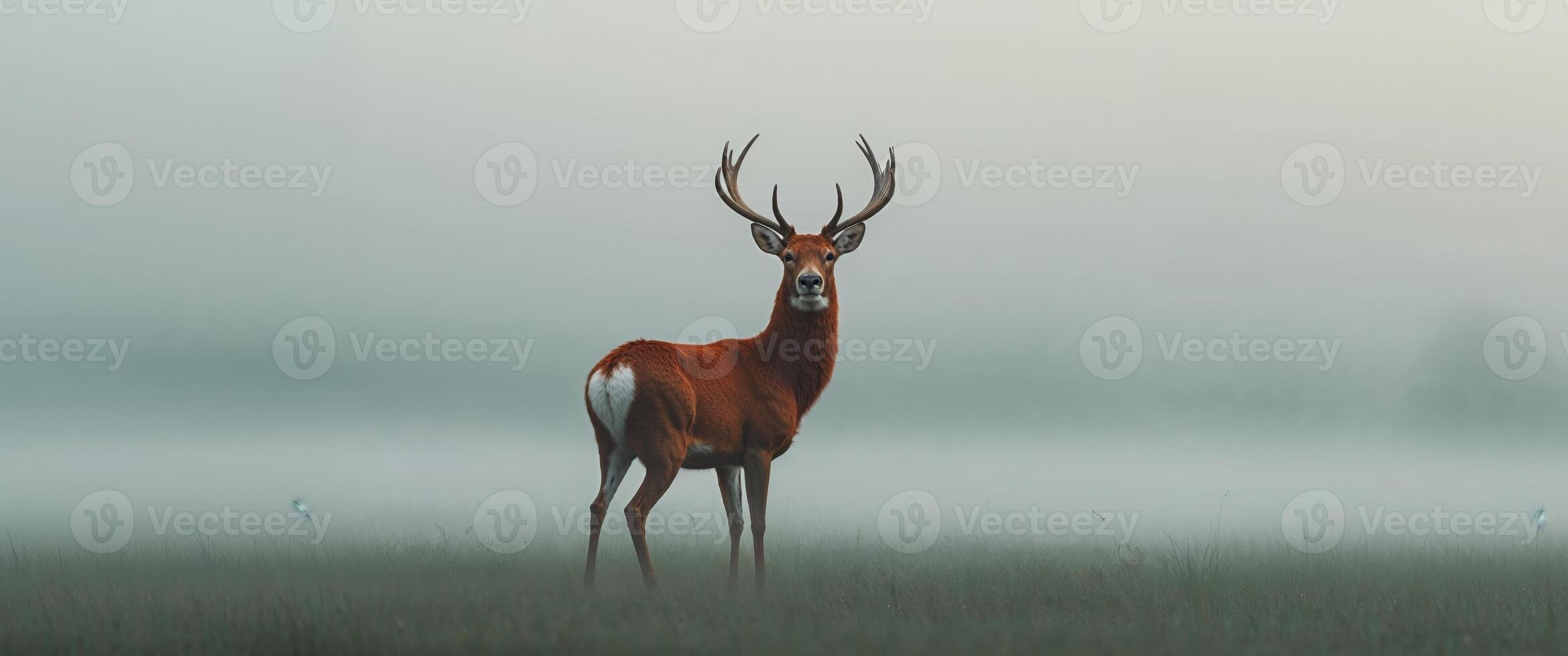 A deer stands in the fog on a field photo