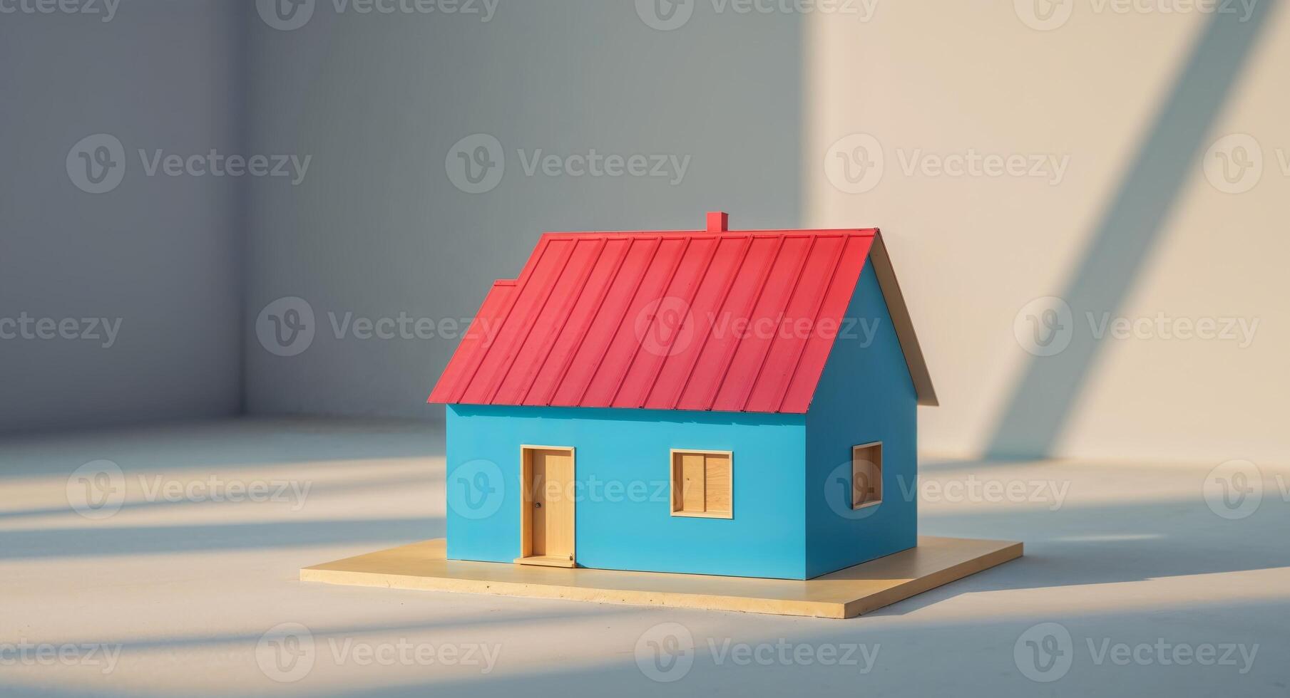 A small blue house with a red roof sitting on a table photo