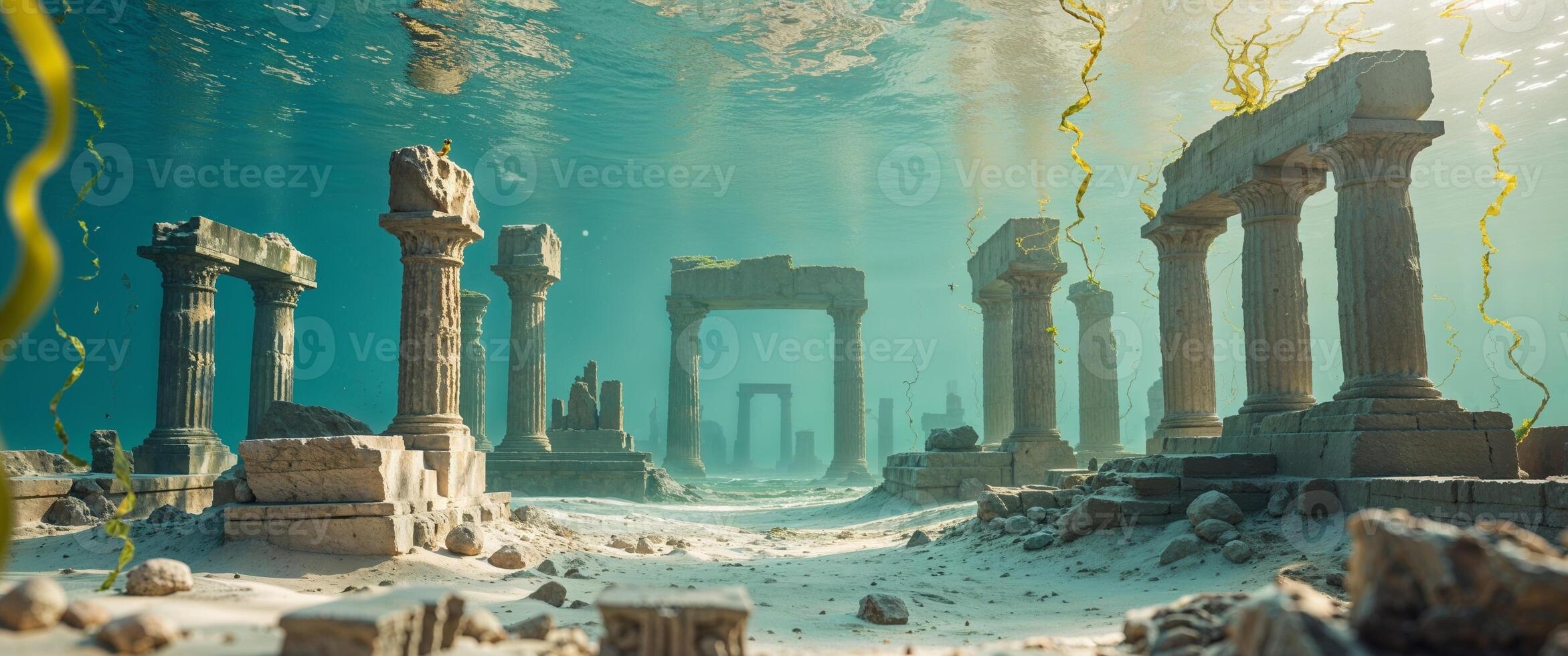 An underwater scene with ruins and water photo