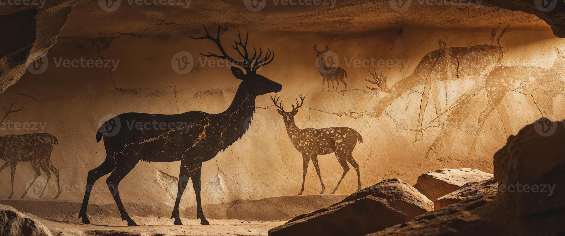 Deer in cave with cave paintings photo