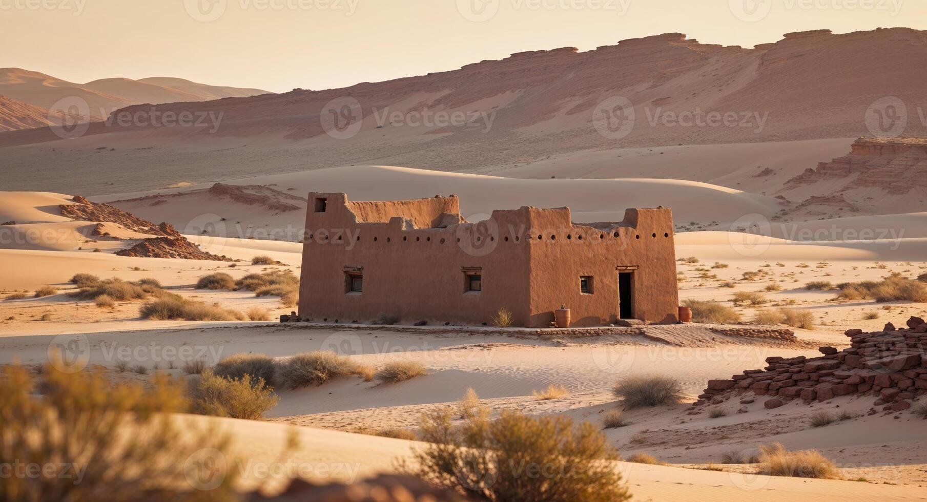 An old building in the desert with sand dunes photo