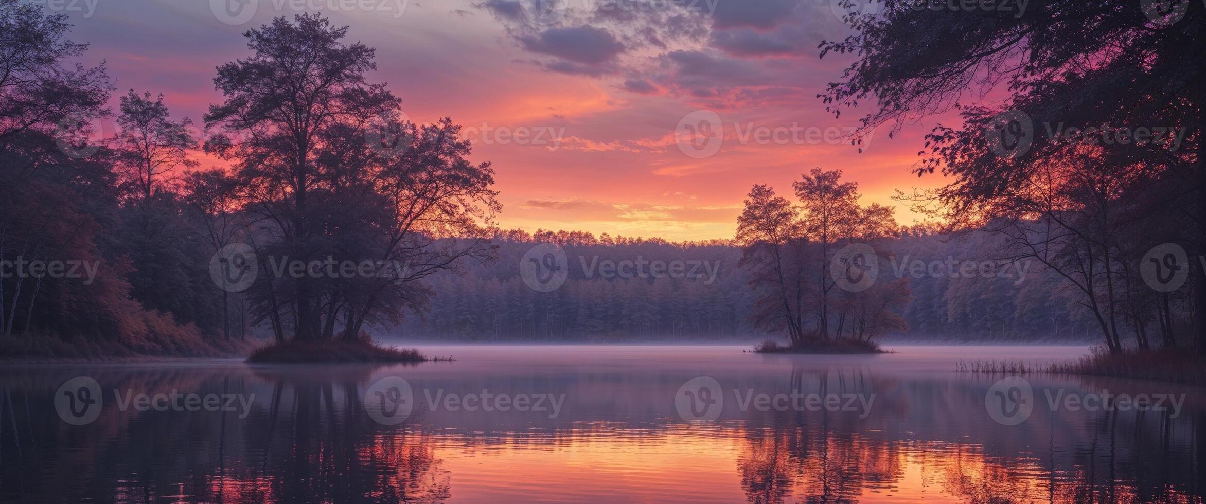 A beautiful sunset over a lake with trees photo