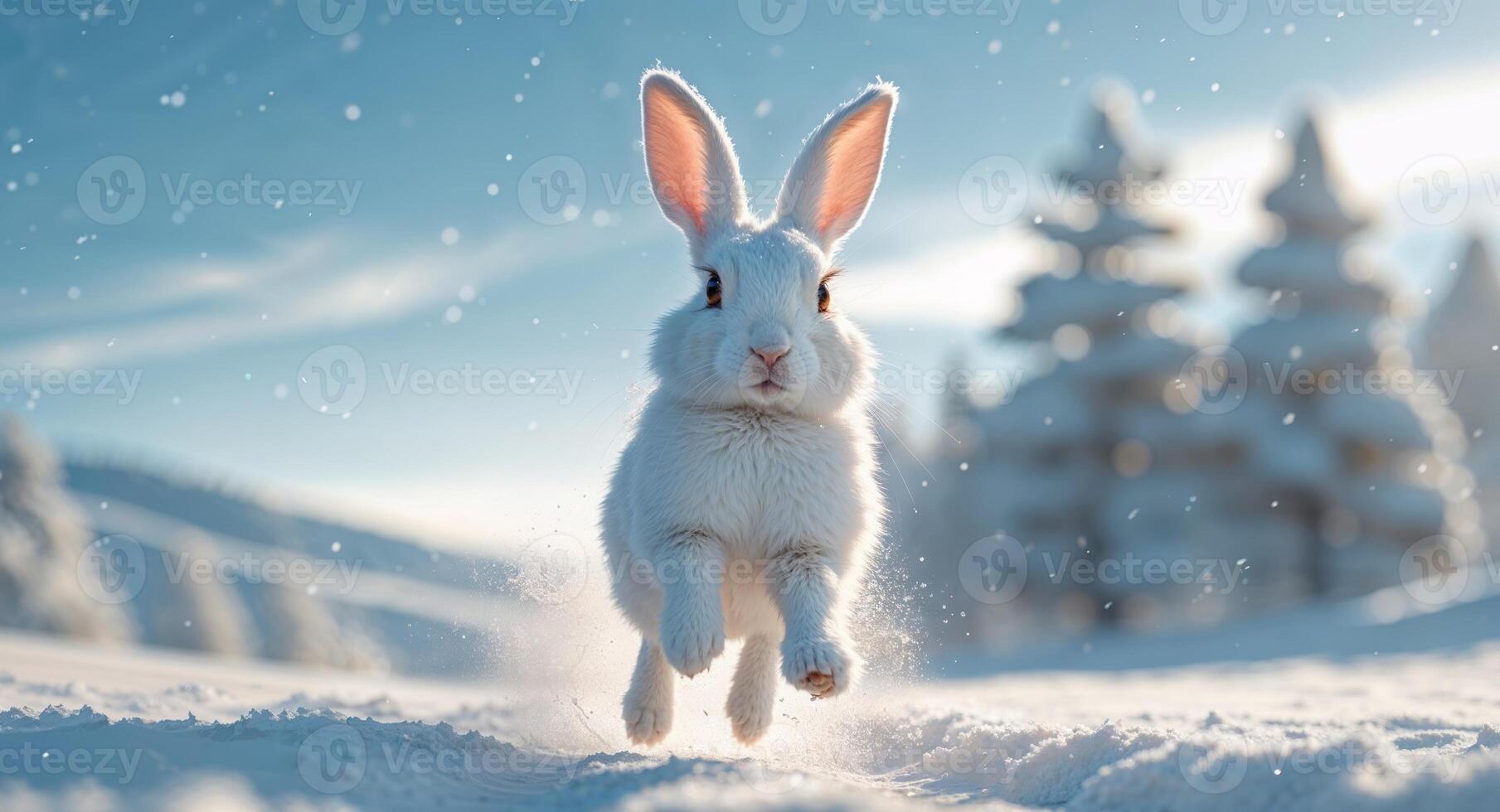 A white rabbit running through the snow photo