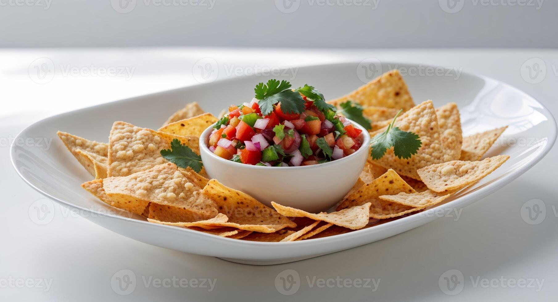 Fresh Tortilla Chips with Colorful Salsa on a White Plate for a Tasty Snack or Appetizer. photo