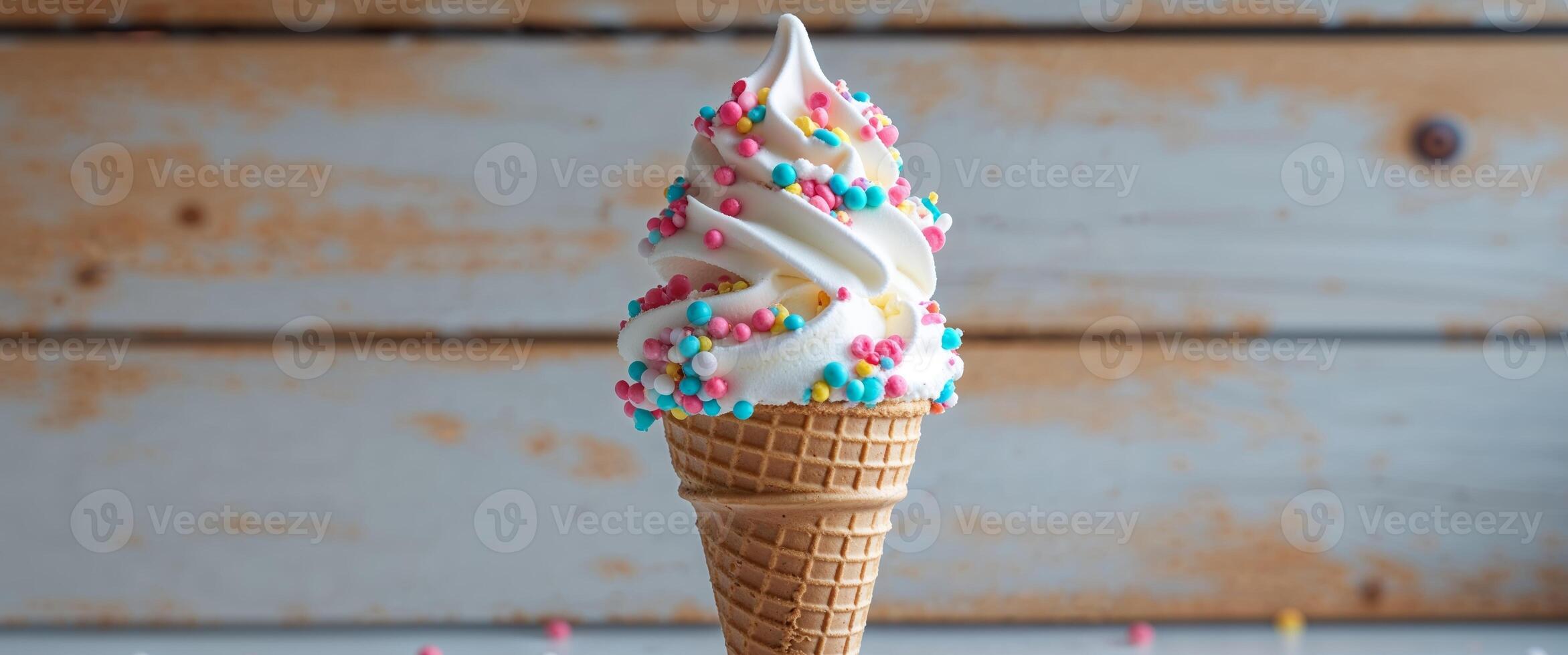 Vanilla Soft Serve Ice Cream Cone with Sprinkles on Wooden Background photo