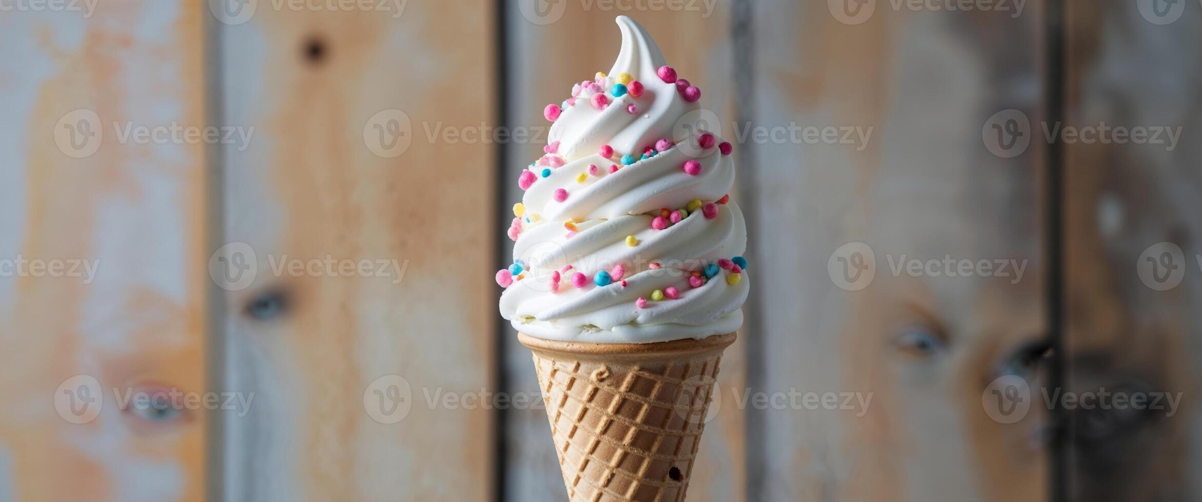 Vanilla Soft Serve Ice Cream Cone with Sprinkles on Wooden Background. photo