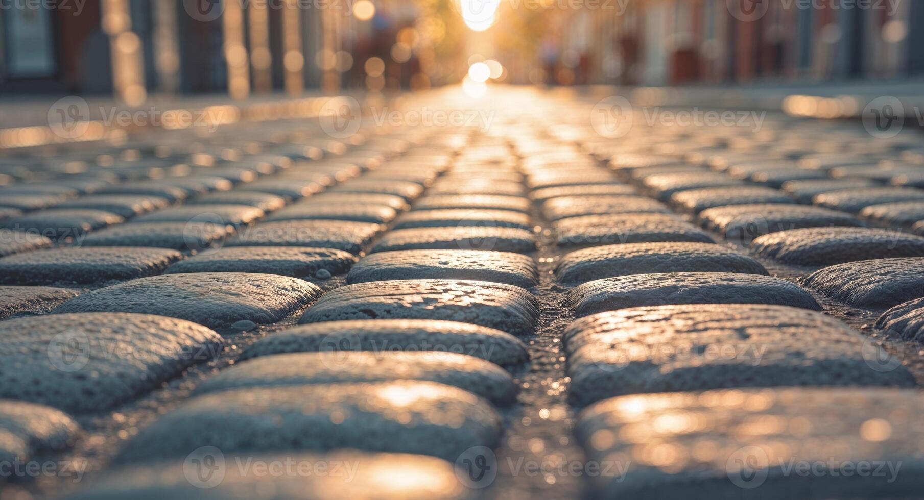 Warm sunlight illuminates cobblestone street creating a charming and rustic urban setting photo