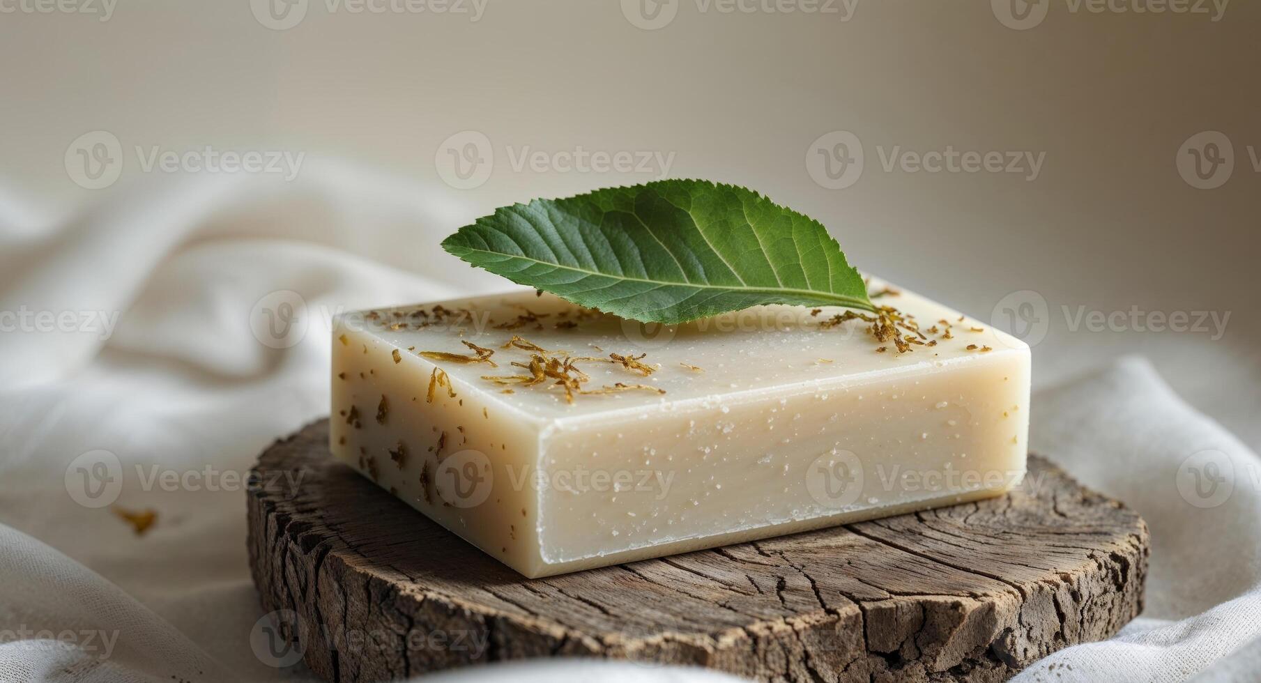 Artisan Handmade Soap Bar with Natural Herbal Extracts and Fresh Leaf on Wooden Surface. photo