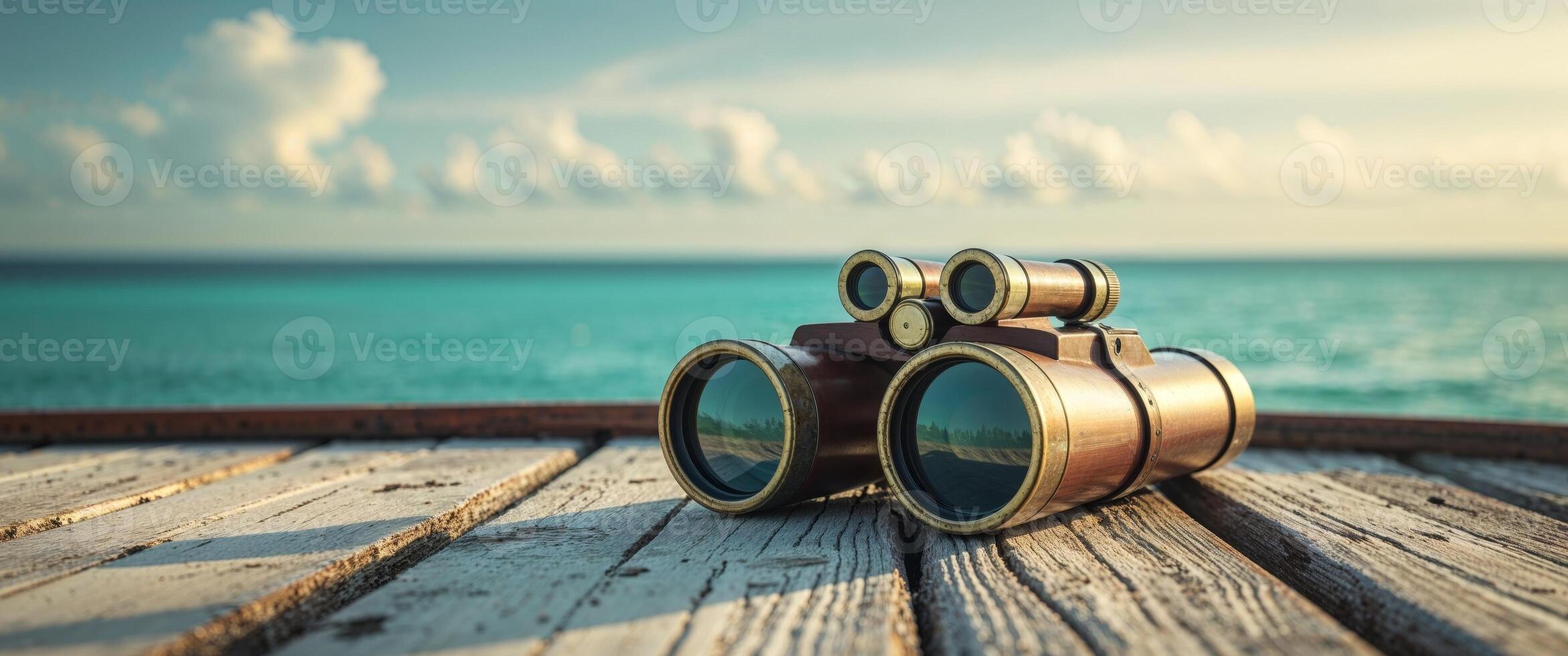 Nautical exploration concept with binoculars on wooden deck by the sea photo