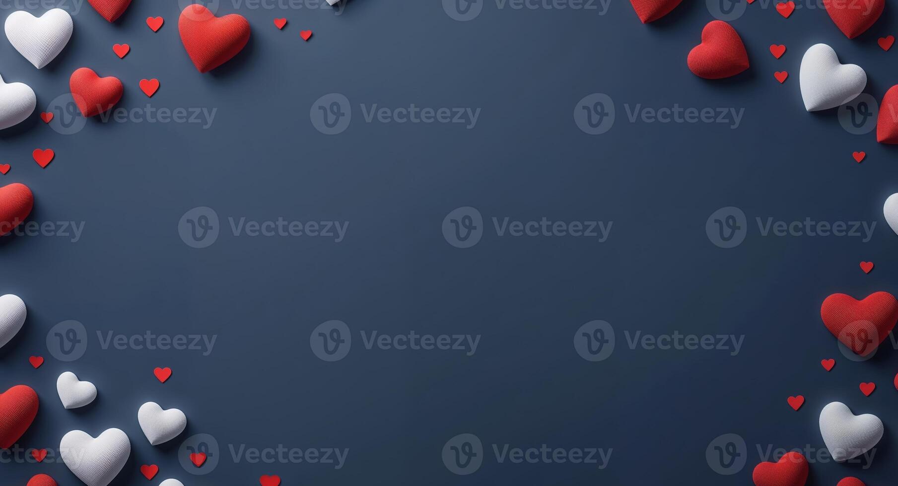 Valentine's Day background with red and white hearts creating a border on dark blue background with copy space photo