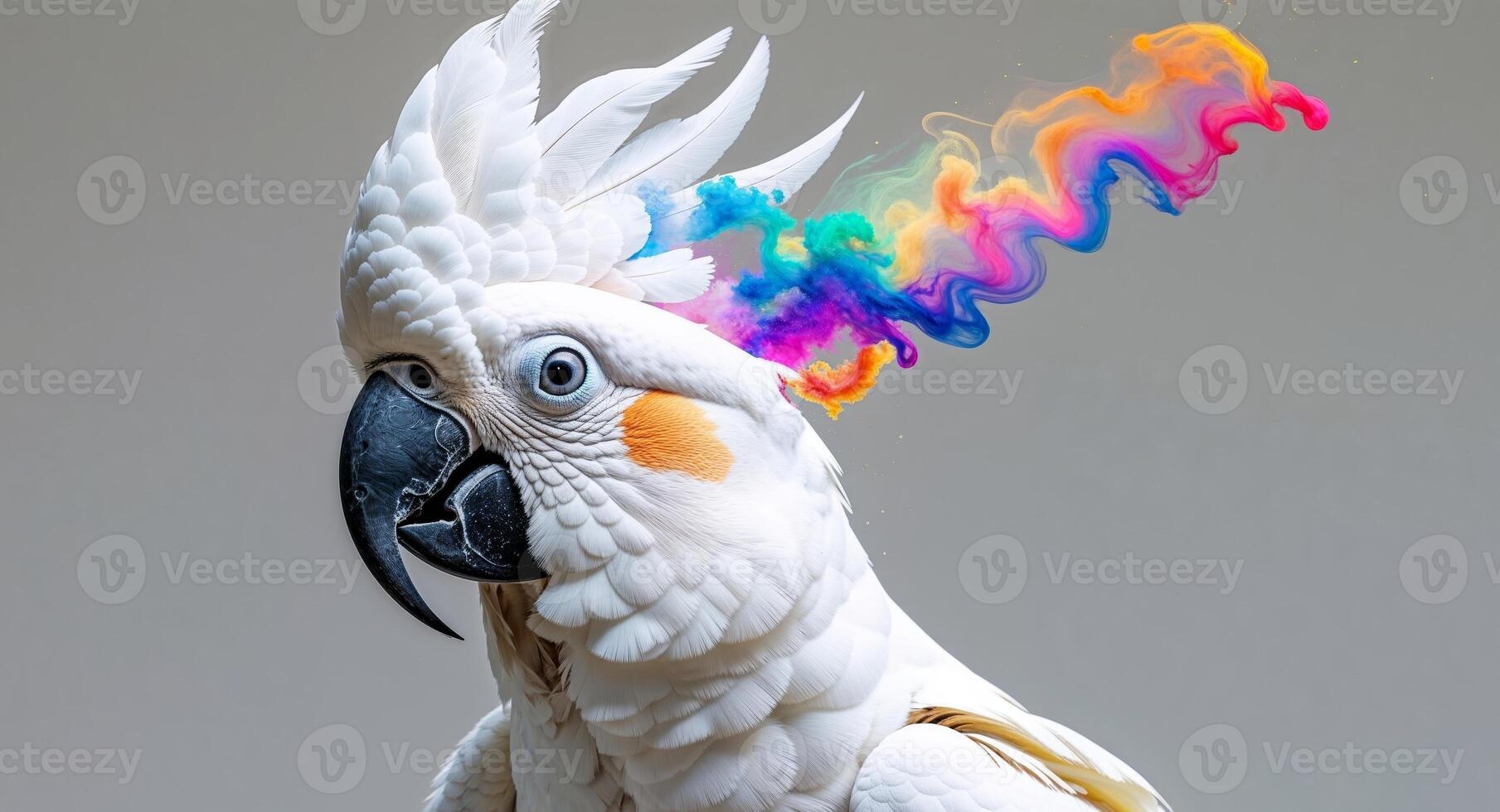 A white cockatoo with colorful colors is emerging from its beak. photo