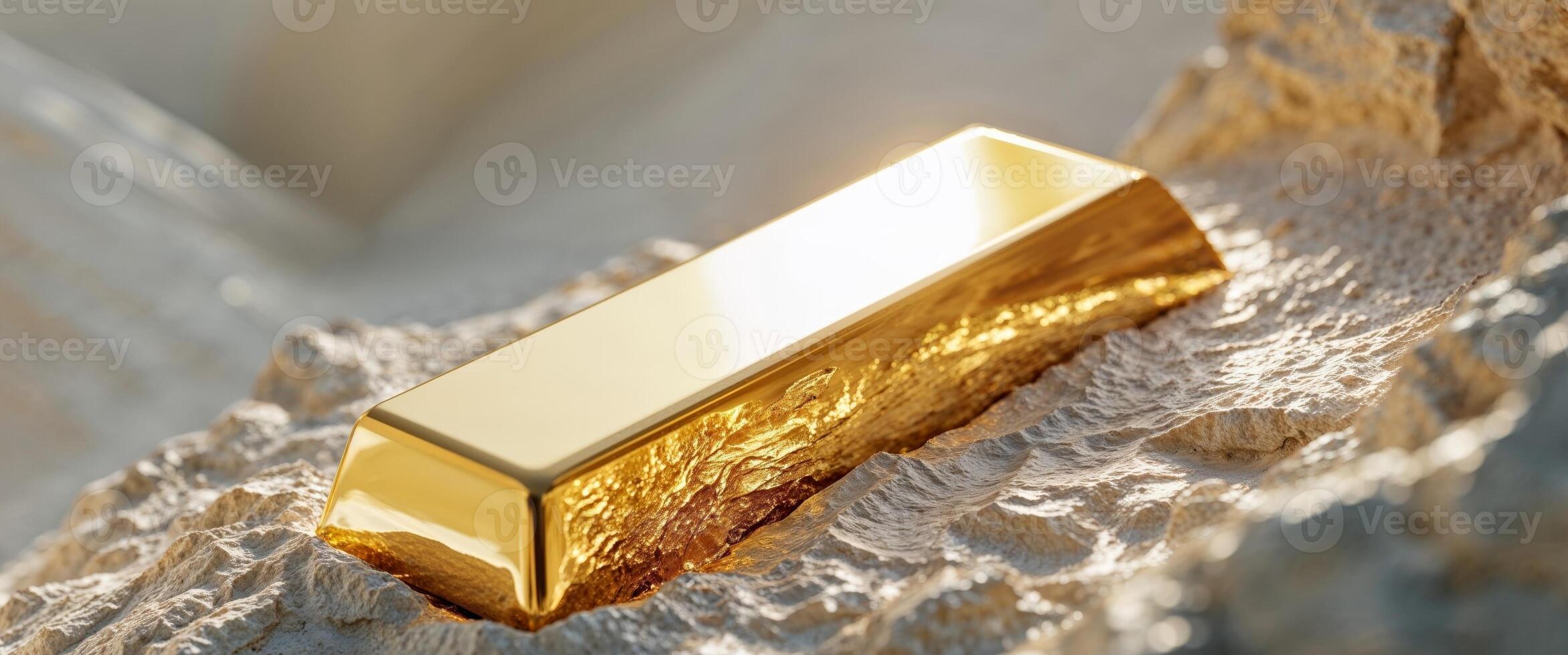 Gleaming Gold Bar Embedded in Rough Textured Rock Surface photo