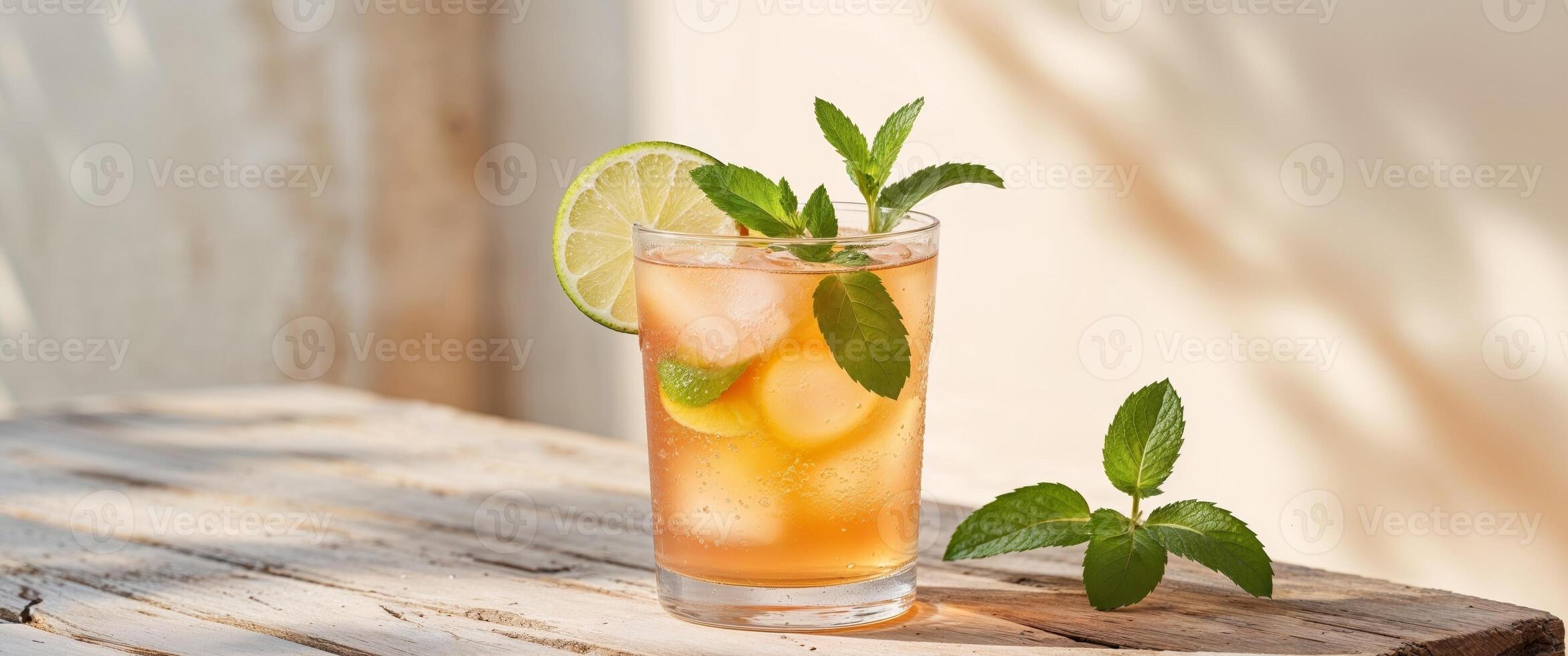 Refreshing Peach Iced Tea with Lime and Mint on Sunny Summer Day. photo