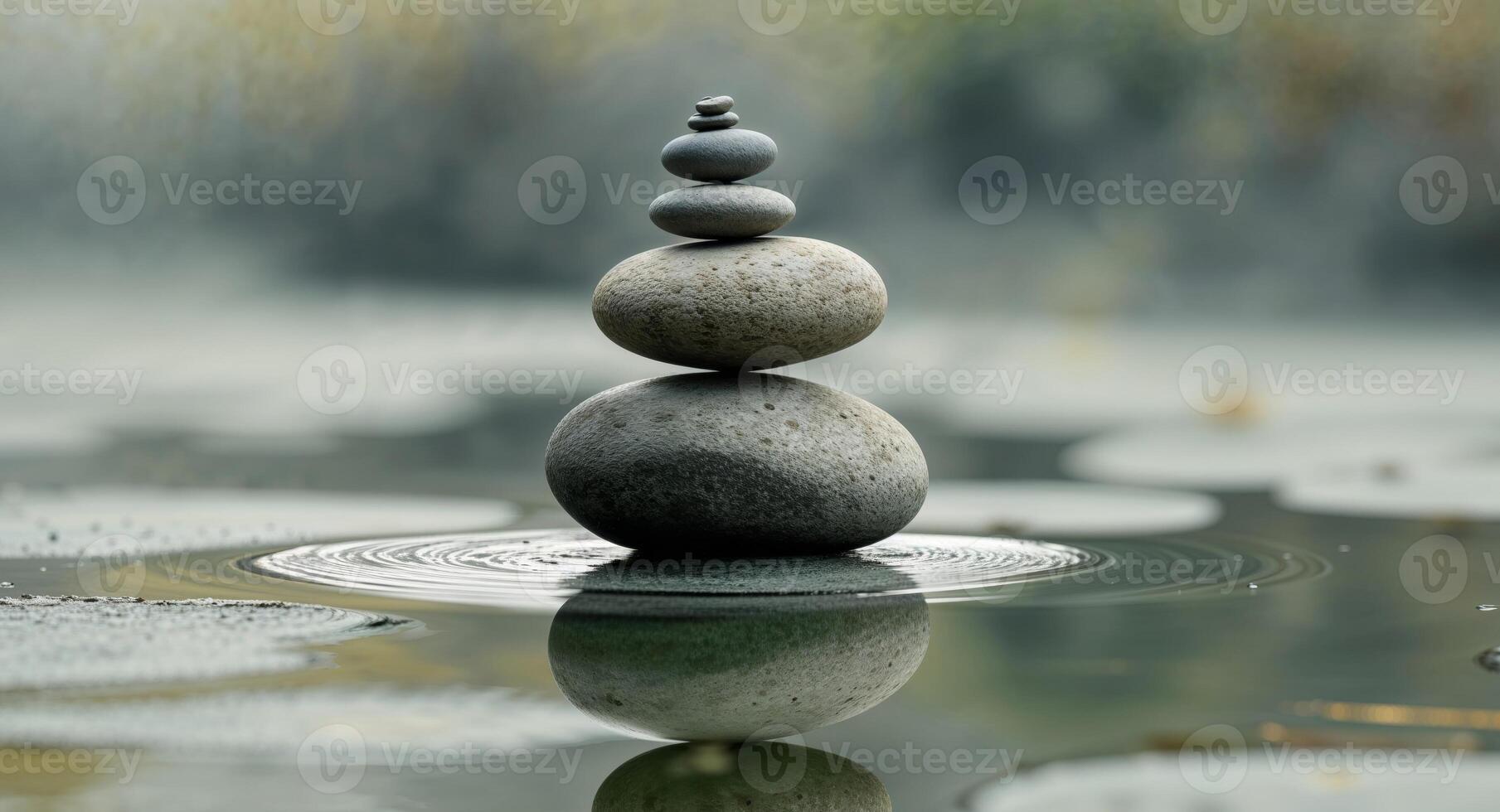 Stack of rocks balanced on a puddle symbolizing tranquility and inner peace photo