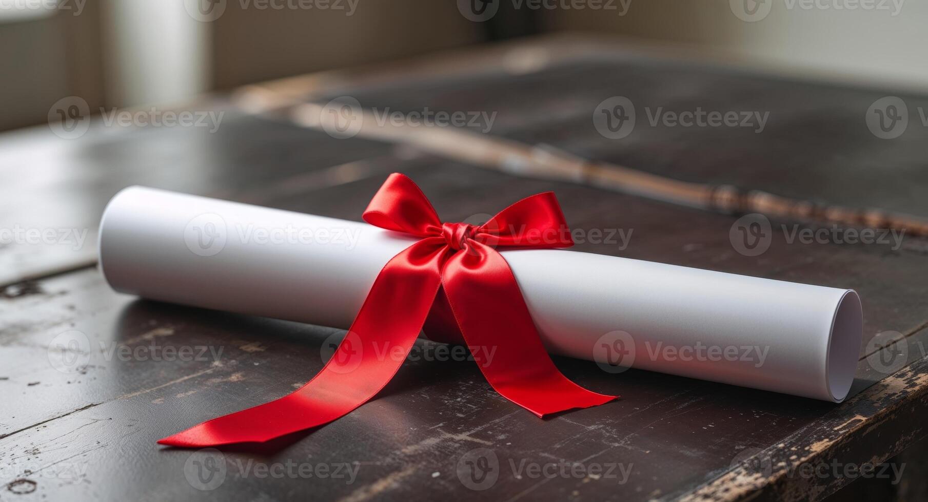 A rolled up piece of paper with a red ribbon photo