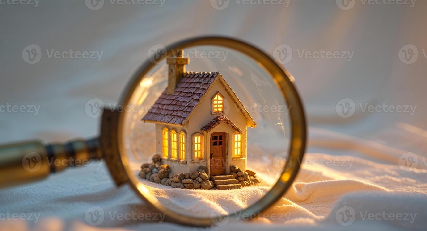 A small house is seen through a magnifying glass on a bed photo