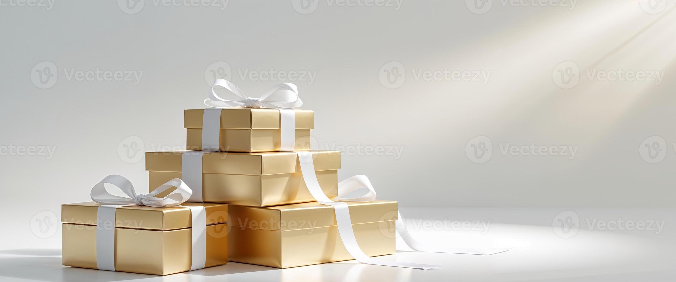 Stack of gold boxes with bows on top of each other. photo