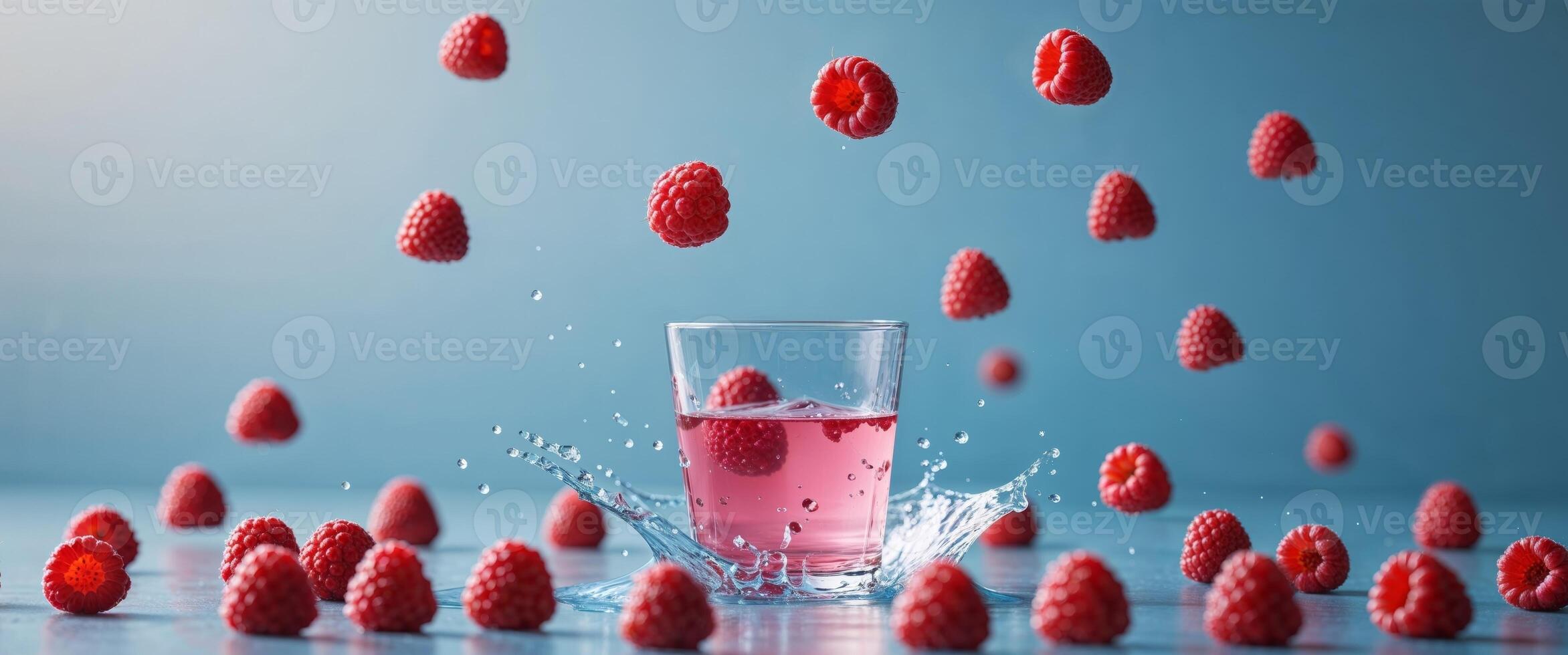 Splashes of juice in a glass and raspberries falling from above on a blue background. photo