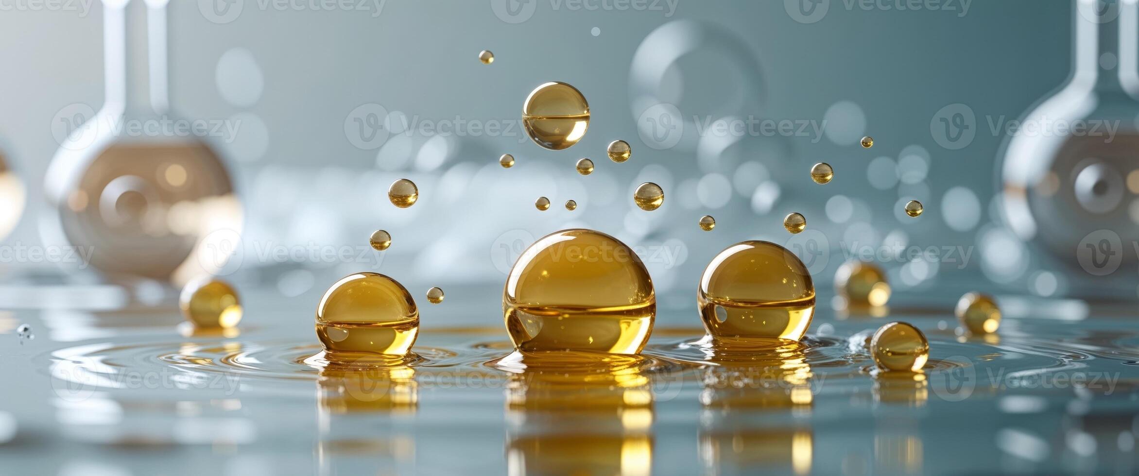Macro closeup of golden oil droplets floating on water abstract liquid bubbles scientific chemistry experiment background. photo
