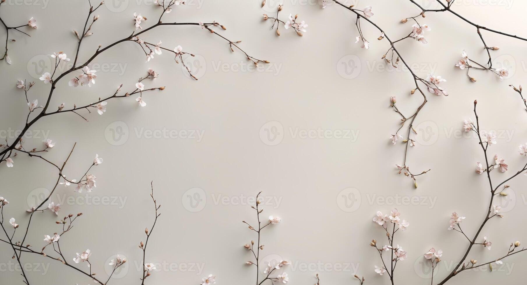 Flowering branches create a delicate border around a light surface. photo
