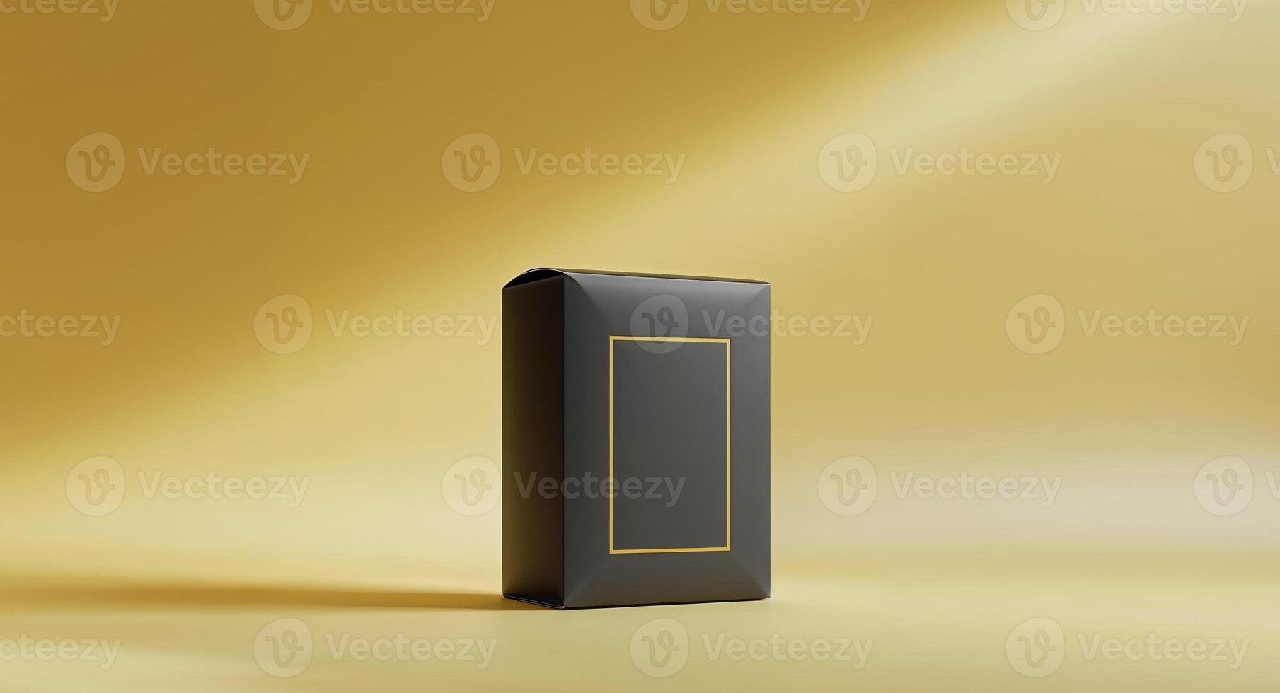 Blank Black Consumer Food Packaging for Label Mockup on Bright Yellow Background. photo