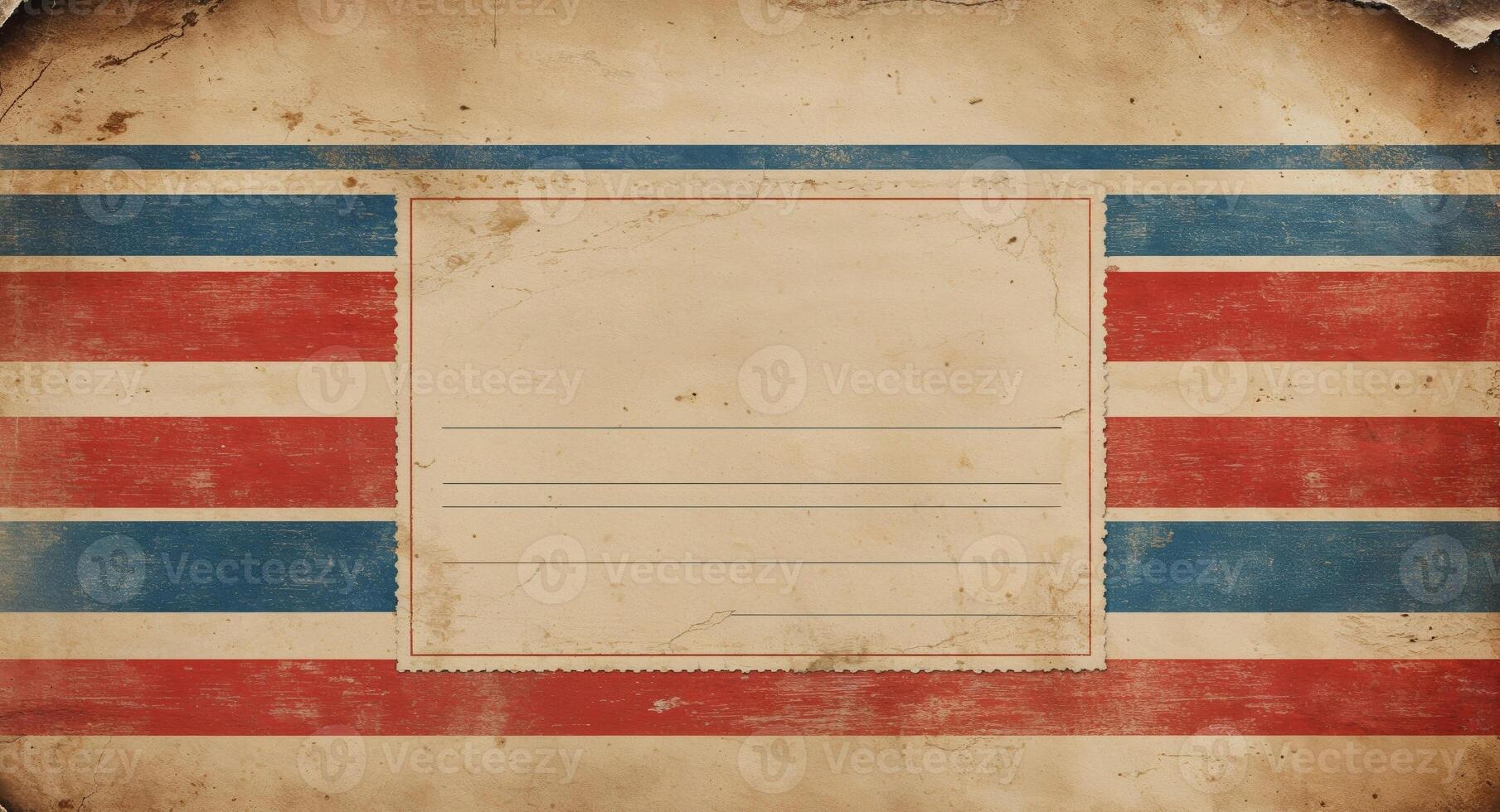 Vintage Postcard Template Blank Space for Messages Retro Aged Background with Red and Blue Stripes photo