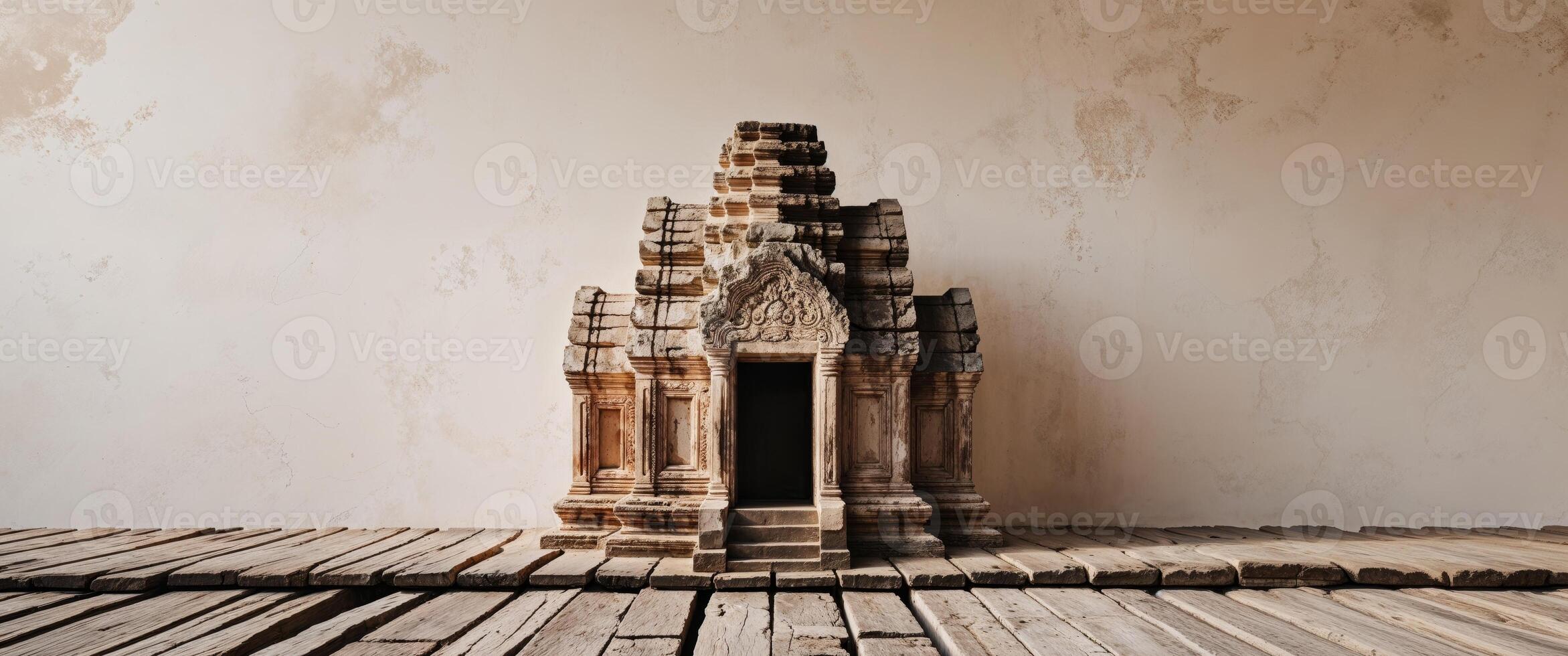 Ancient temple backdrop with weathered wooden foreground capturing history and mystery. photo