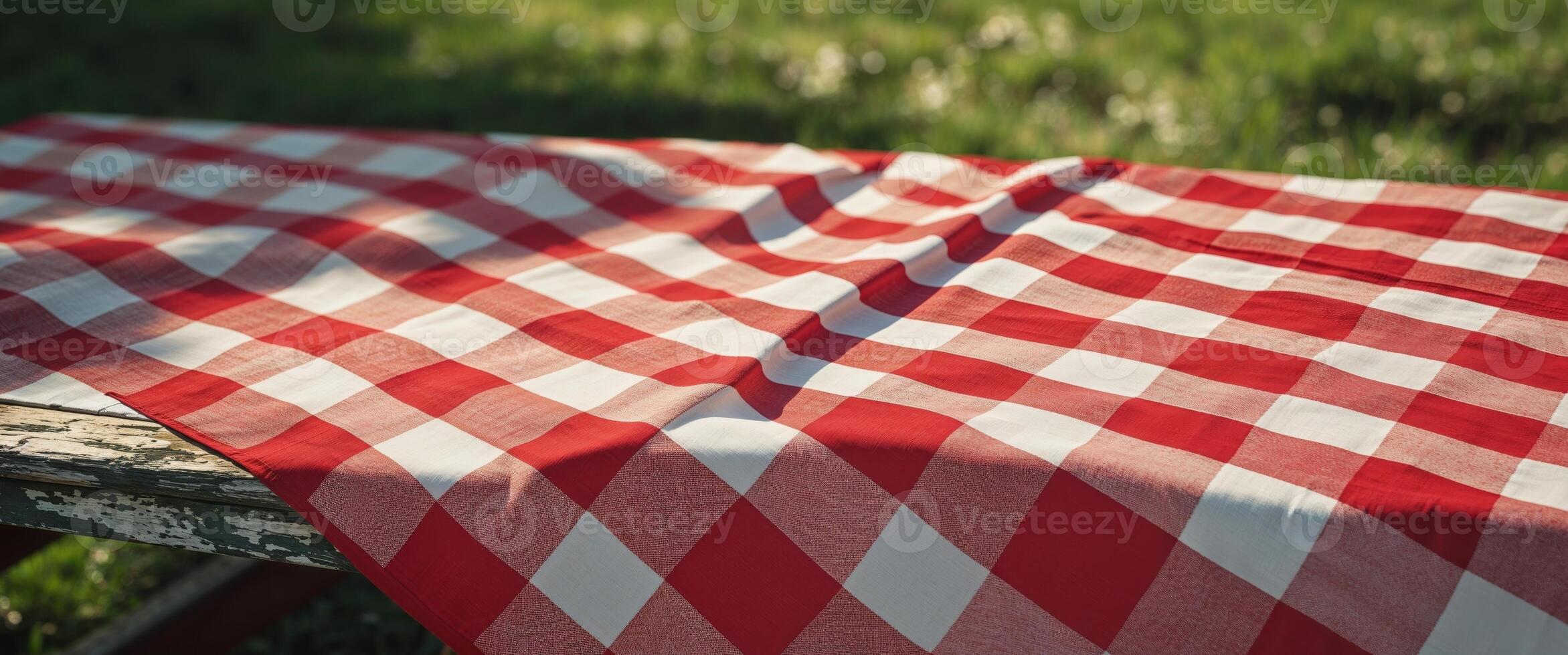 Bright red and white checkered tablecloth for outdoor picnics and gatherings photo