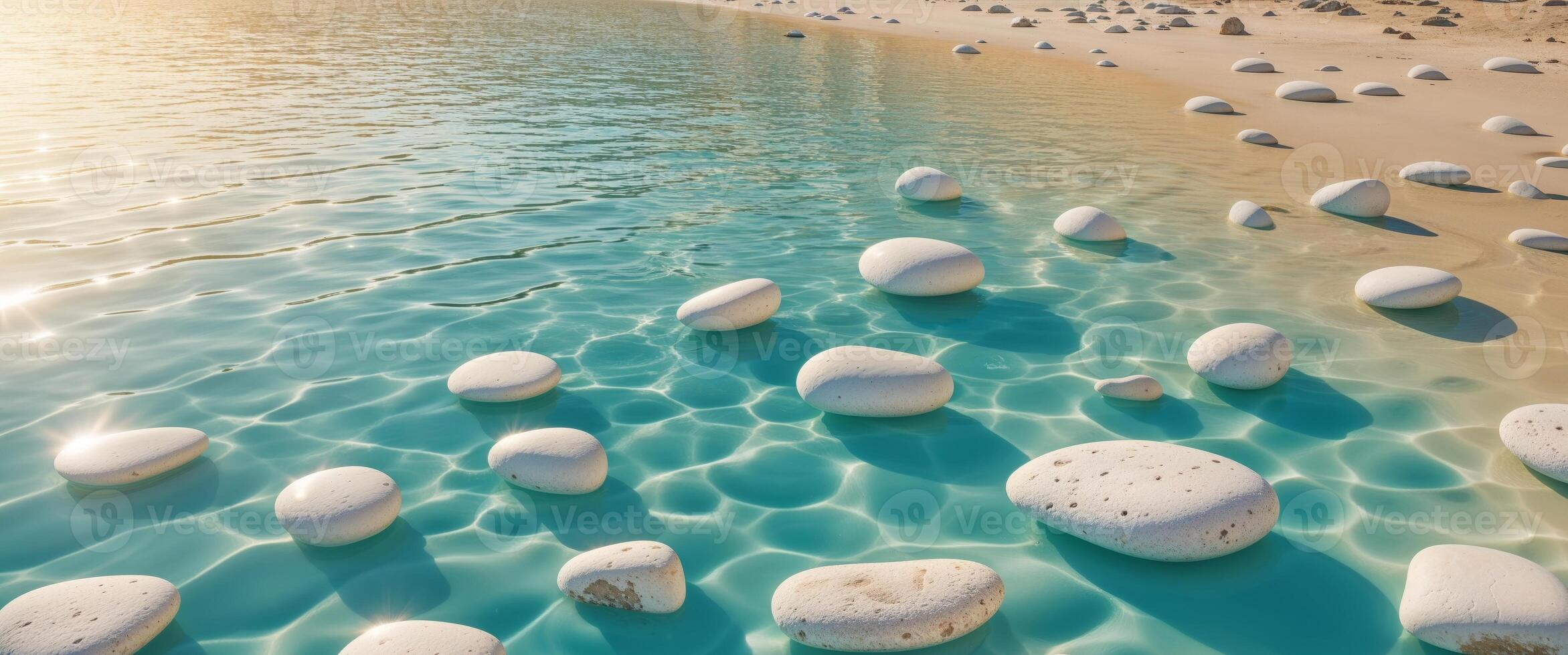 Clear Turquoise Water with White Stones on a Sunlit Shoreline. photo