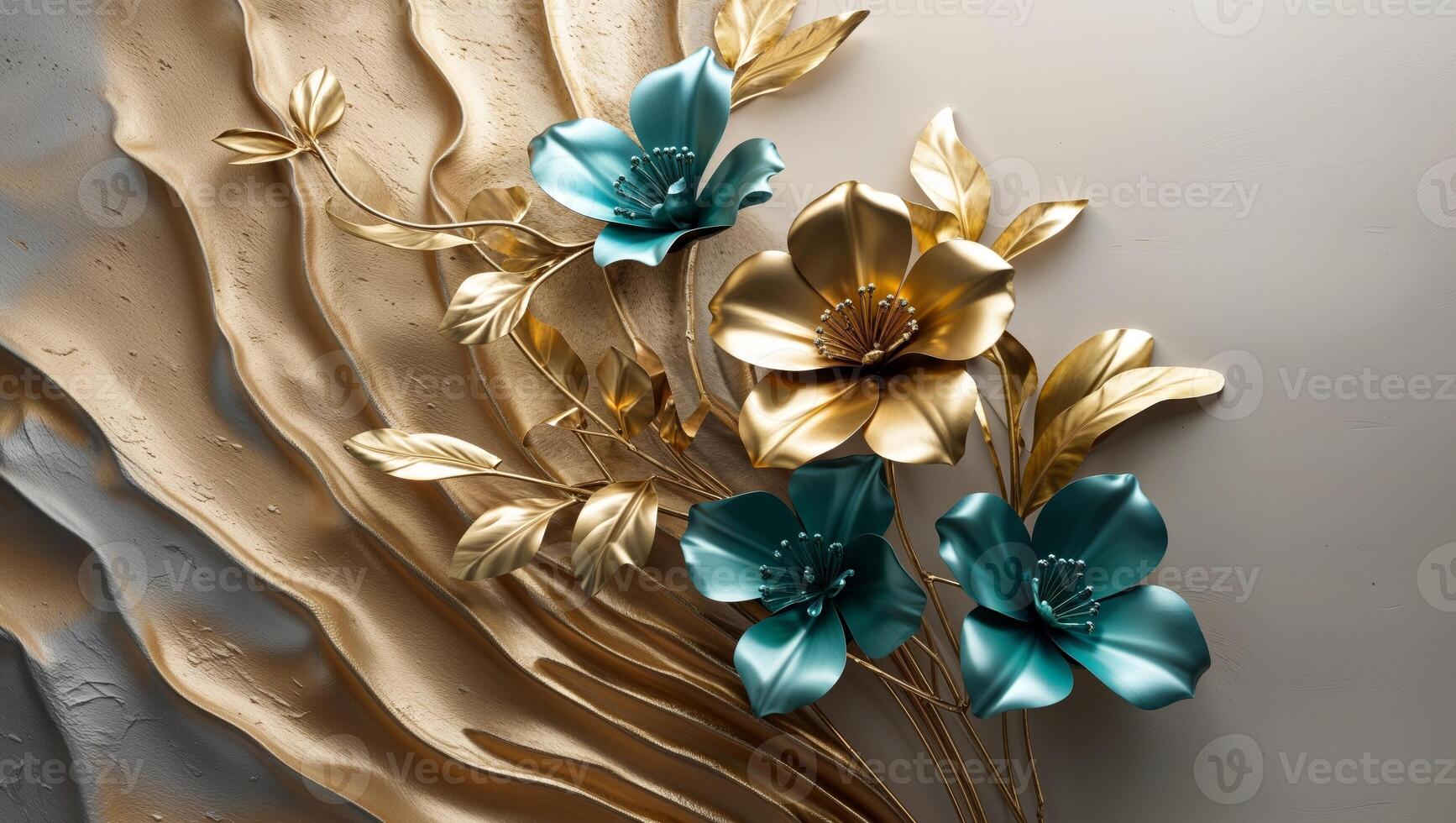 Gold and Teal Metal Floral Design on Textured Background. photo