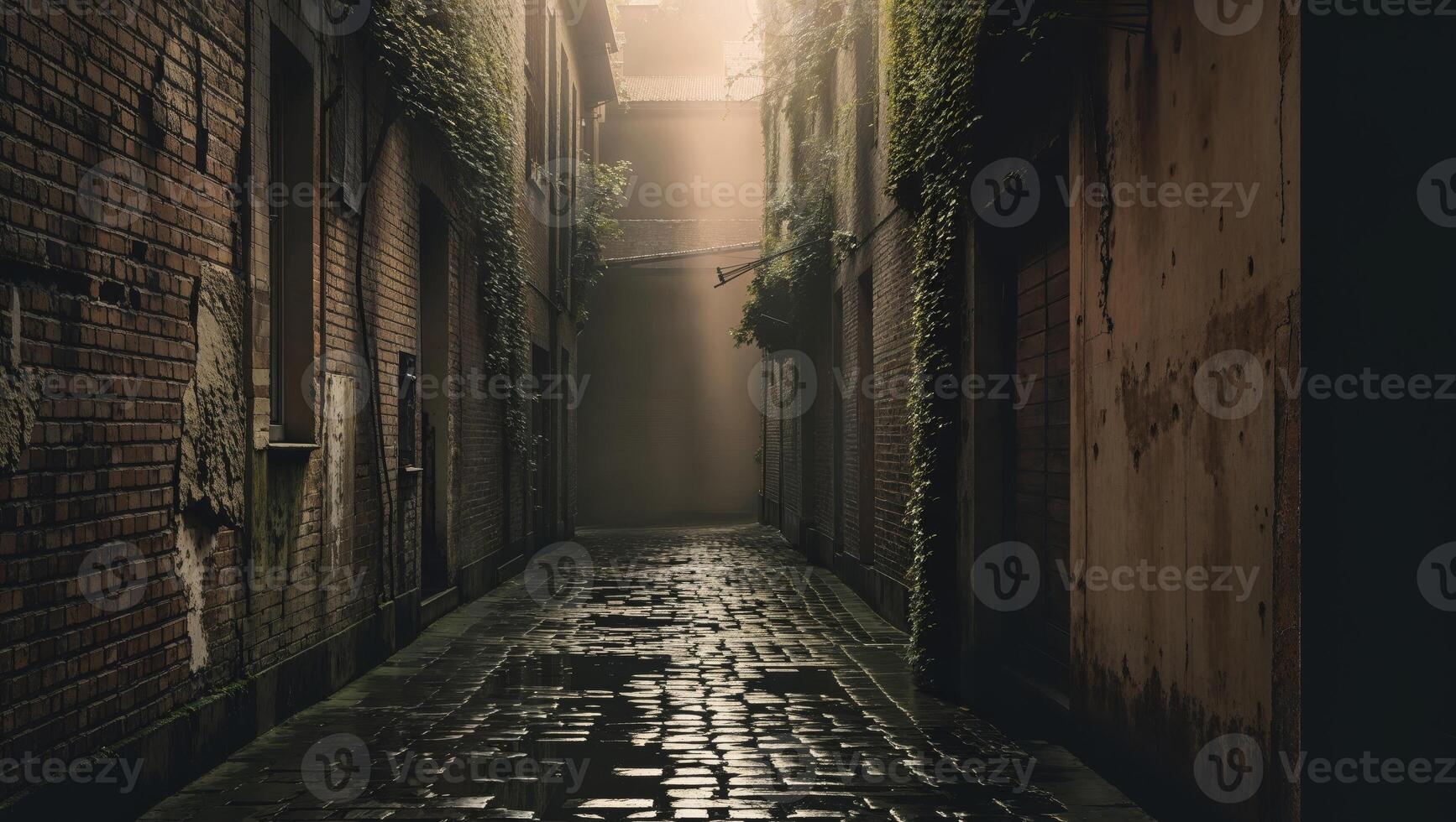 A narrow alleyway with a brick building on the left photo