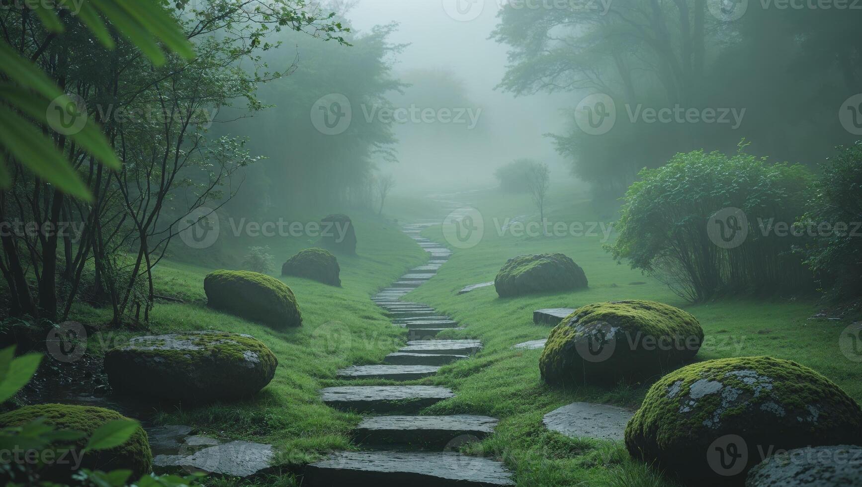 Serene stone path through misty green valley garden. photo