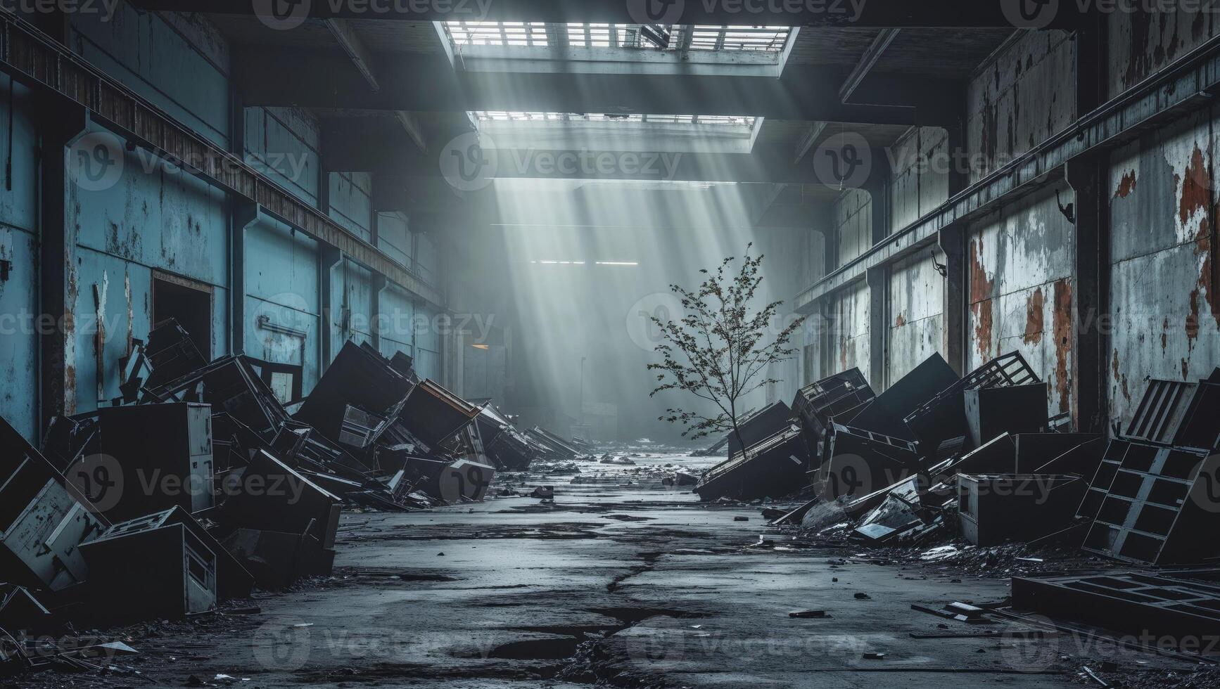 Abandoned industrial warehouse with waste and debris. photo