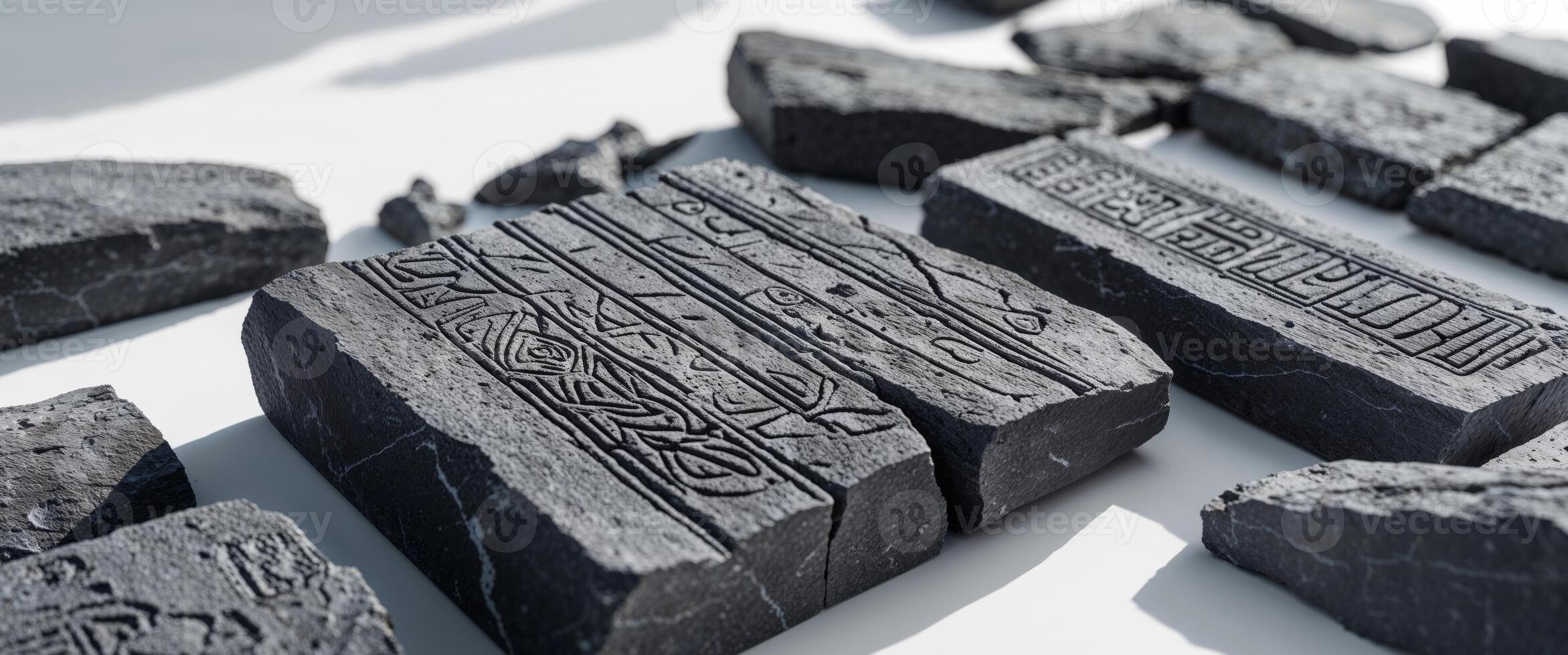 Engraved Linear Symbols on Dark Grey Stone Fragments photo