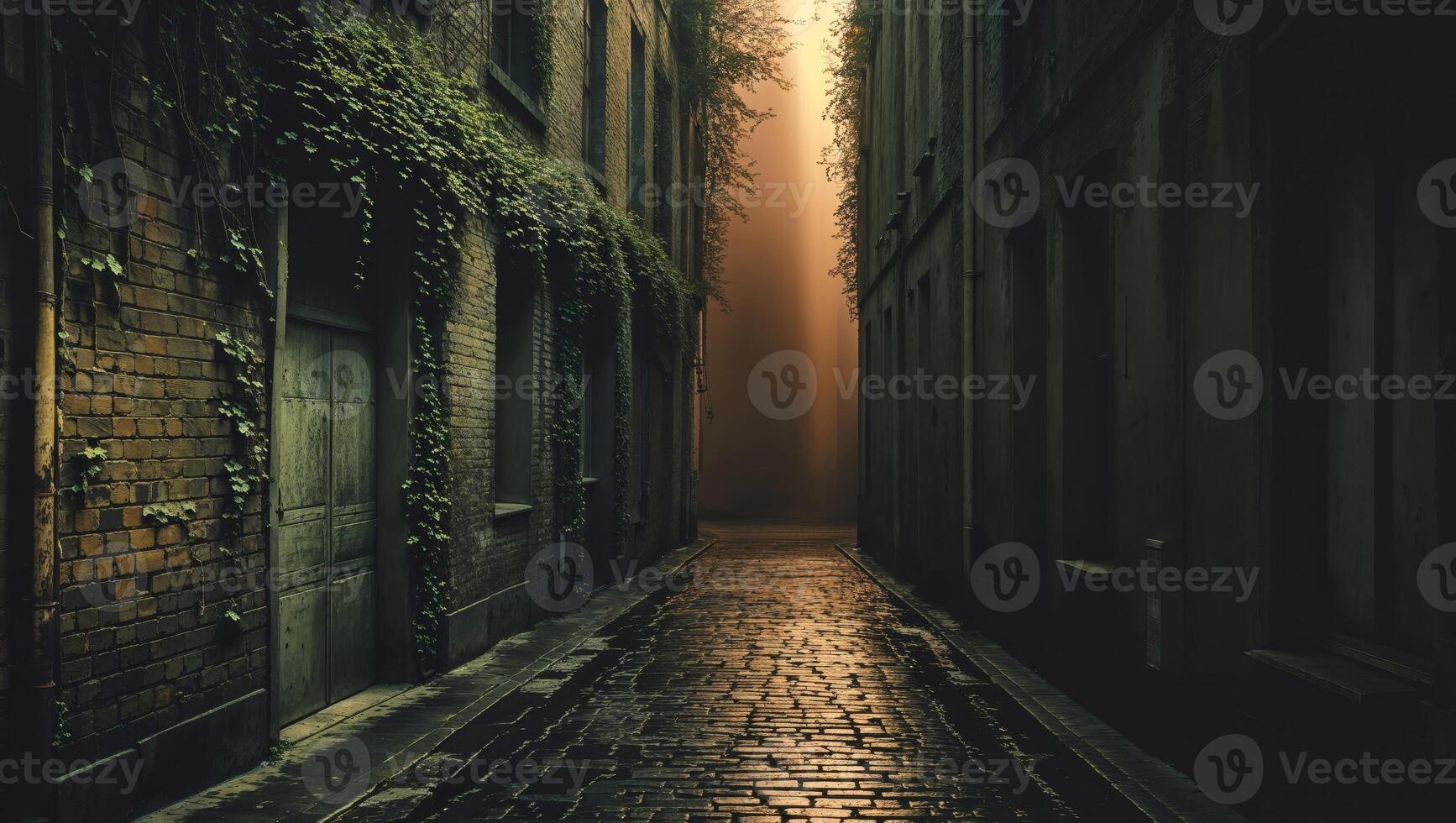 A narrow alleyway with a brick building on the left. photo