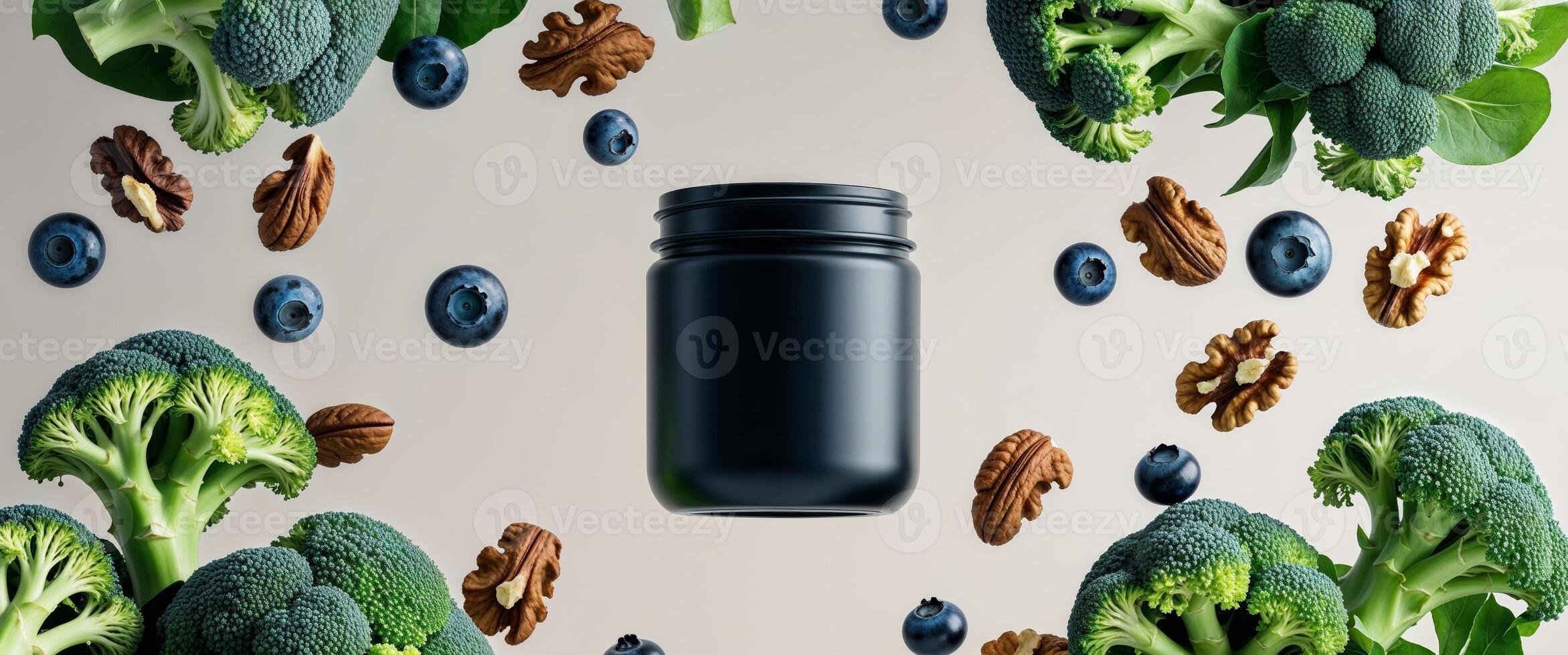 Floating Black Jar Surrounded by Fresh Broccoli Walnuts and Blueberries in a Healthy Food Composition photo