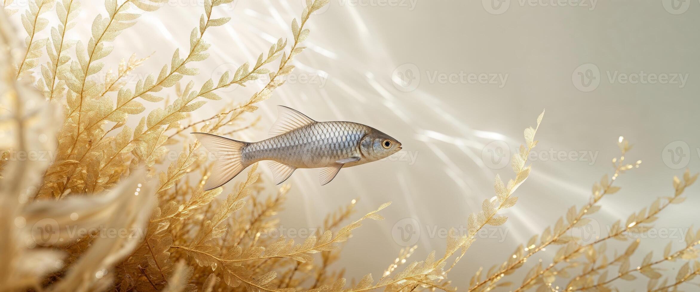 Silver Fish Swimming Through Golden Seaweed in a Tranquil Underwater Environment. photo
