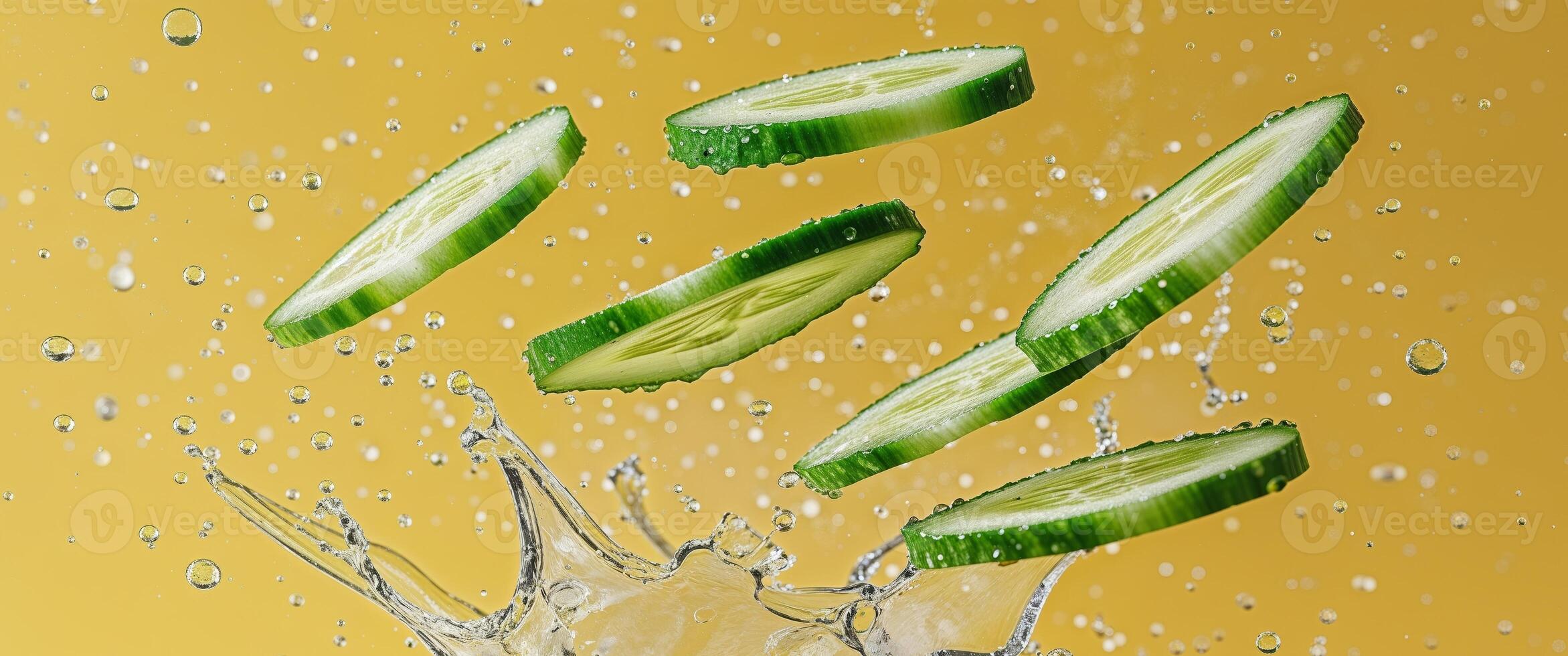 Flying cucumber slices and a splash of water on a yellow background photo