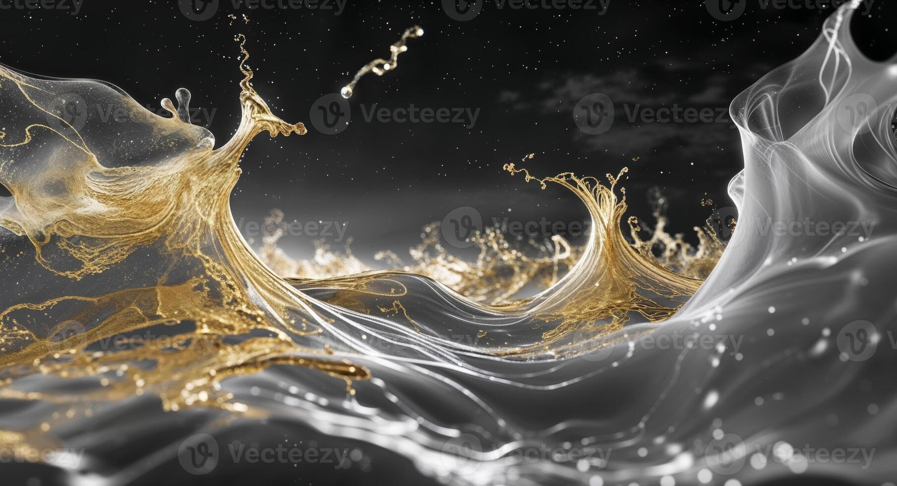 Mesmerizing abstract visual of golden liquid plasma flowing through a celestial ocean. photo