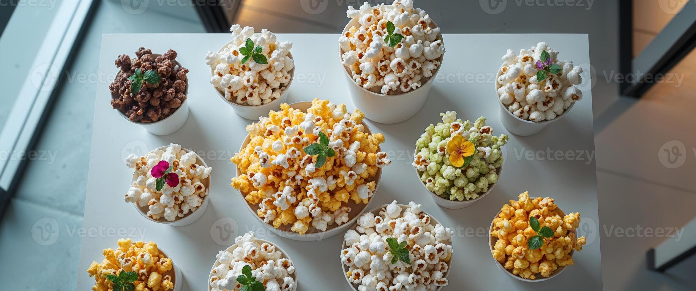 Delicious popcorn varieties sampling event movie theater food display indoor environment aerial view culinary experience photo