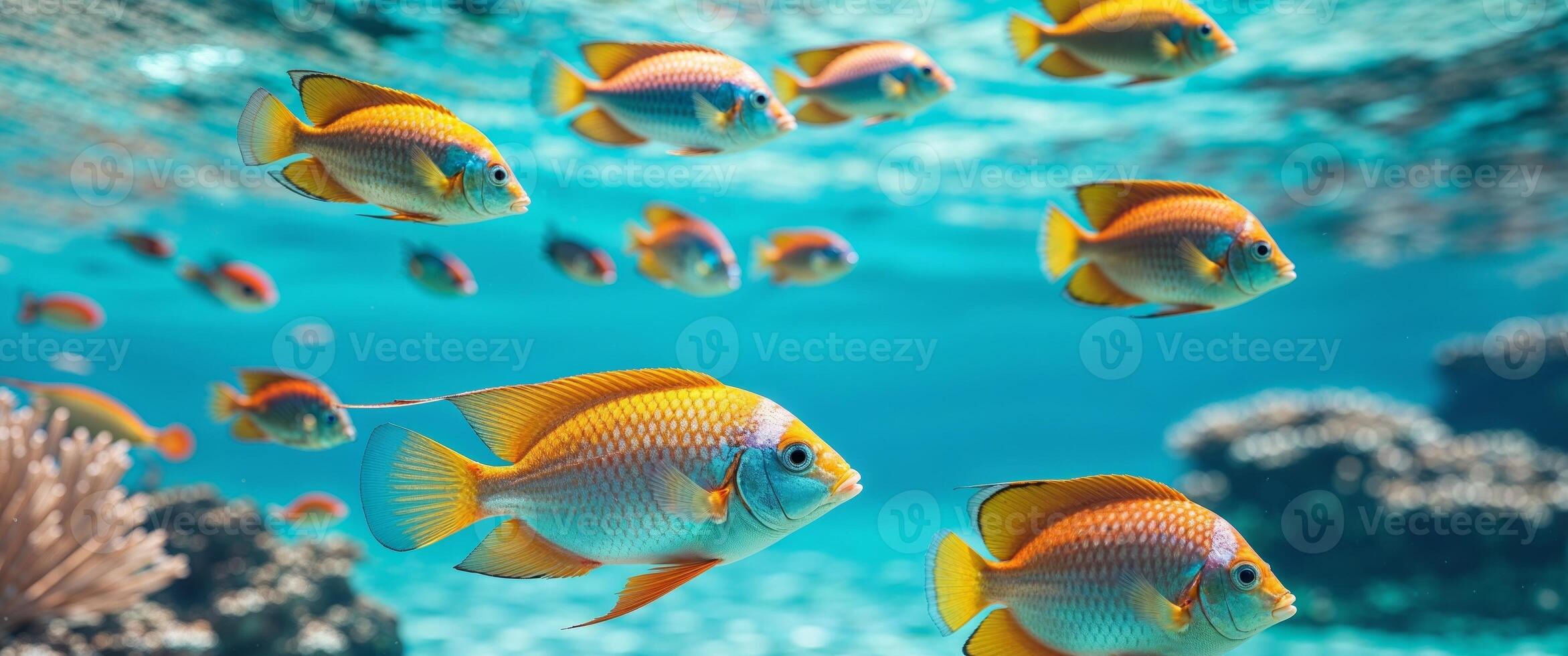 Colorful Tropical Fish Swimming in Clear Blue Ocean Water photo