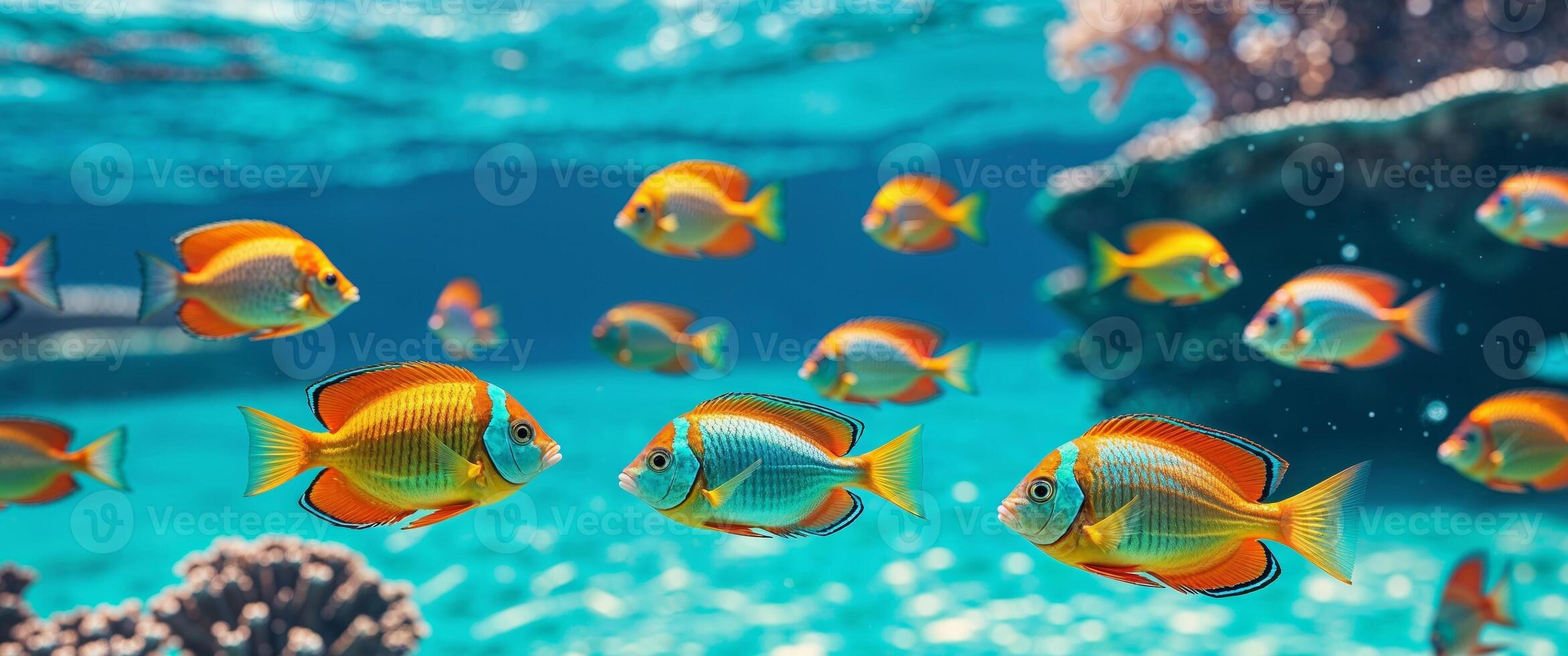 Colorful Tropical Fish Swimming in Clear Blue Ocean Water. photo