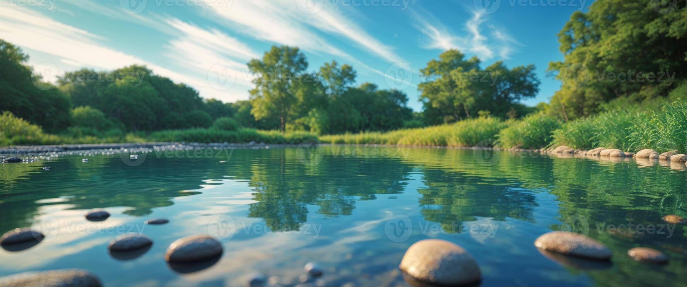 A tranquil pond filled with clear water surrounded by greenery and small rocks under a blue sky. photo
