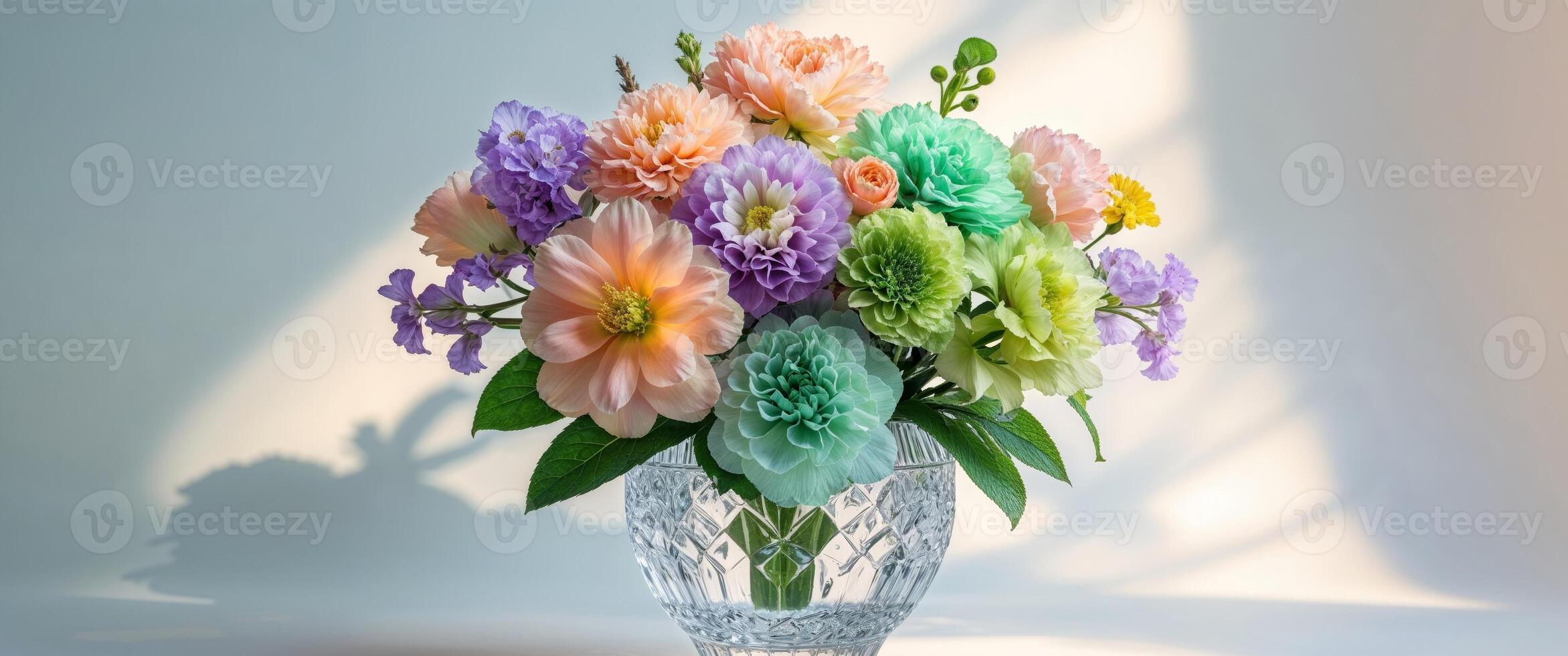 Colorful Flower Arrangement in Crystal Vase. photo