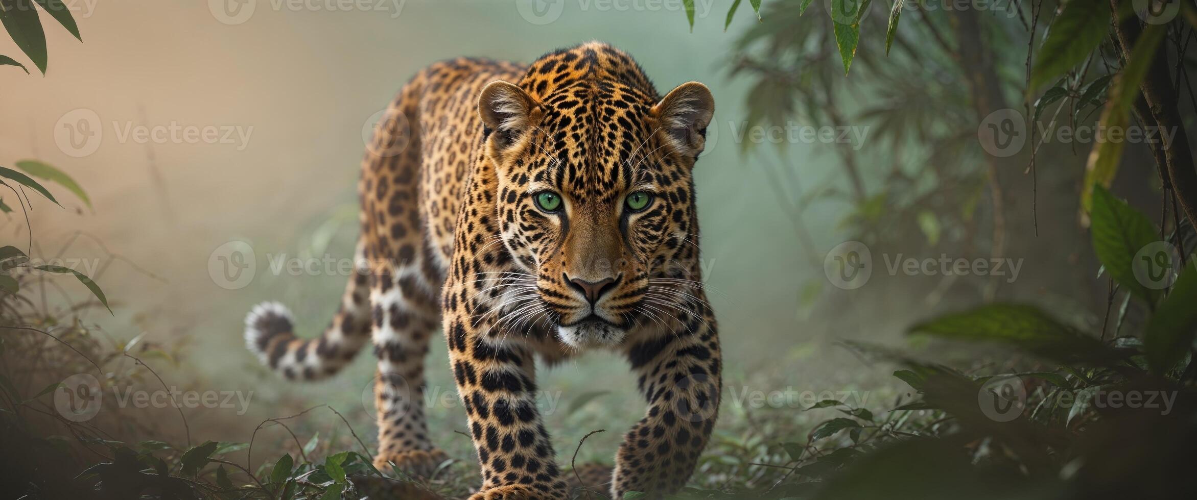 Majestic leopard stealthily preparing to pounce in a dense jungle environment during the early morning light. photo
