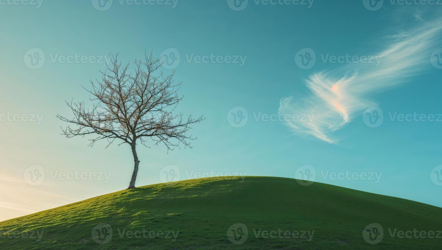 Solitary tree on green hill under clear blue sky. photo