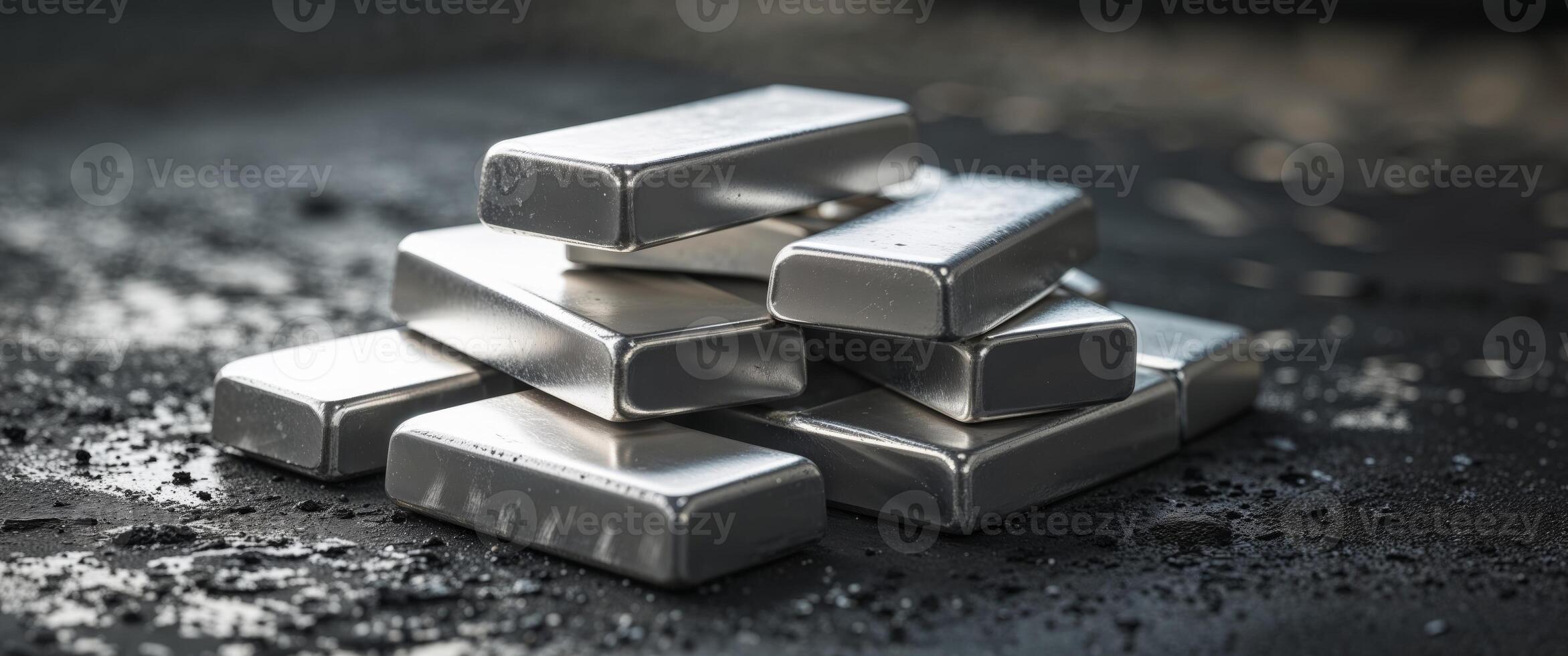 Silver Bars Piled on Dark Gritty Surface with Shiny Metallic Finish. photo